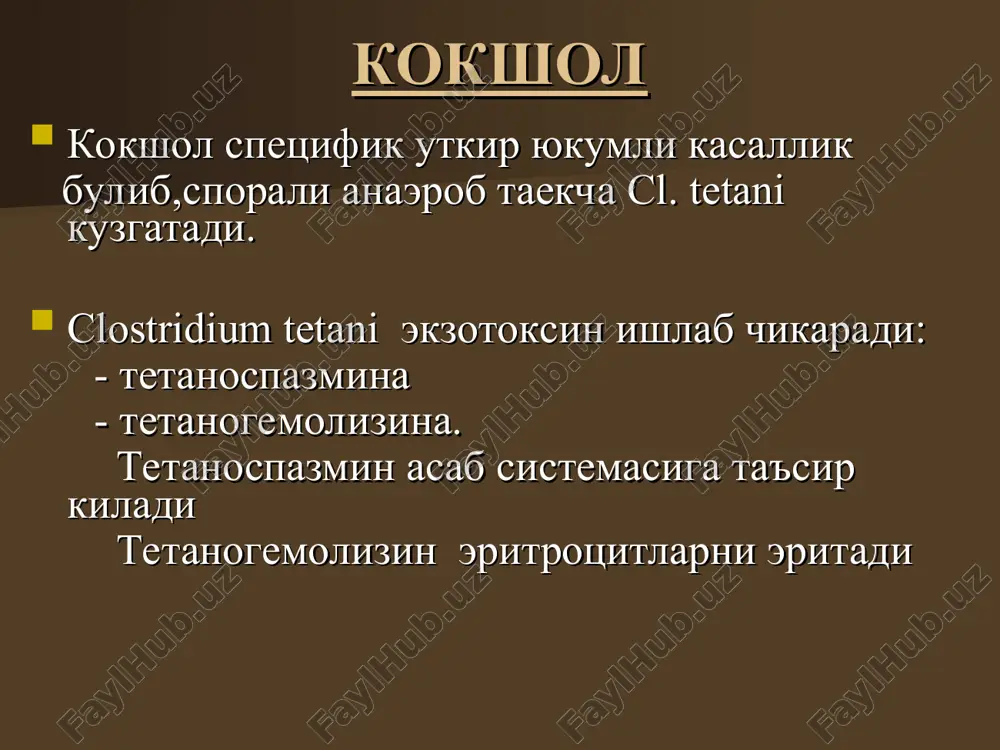 ina v 1 ml; ads-m-anatoksin, soderjashiy 10 es stolbnyachnogo anatoksina v 1 ml; as-anatoksin, kontsentrirovanniy preparat, soderjashiy 20 ed v 1 ml. koksholning shoshilinch profilaktikasiga kursatmalar 1)teri va shillik kavati butunligi buzilishi; 2)kuyish va sovuk urushlar, 2 –4 darajali; 3) kasalxonadan tashkaridagi abortlar; 4) kasalxonadan tashkaridagi tugishlar; 5) gangrena va nekrozlar, abstsesslar; 6) xayvonlar tomonidan jaroxatlar; koksholni davolash kokshol toksini mikdorini kamaytirish va neytrallash; tonik va klonik tirishishlarni kamaytirish, ularni yukotish; bemorning umumiy axvolini, yurak, upka faoliyatini yaxshilash; ikkilamchi asoratlar profilaktikasi (pnevmoniya, sepsis va b.). kuydirgi sporali bakteriya (v. anthracis) kuzgatadigan utkir infektsion kasallik teri, upka va ichak formalari mavjud. infektsiya manbai kasallingan xayvonlar. inkubatsion davri - 2—7 kun. ichak formasi zararlangan xayvon gushti eyilganda rivojlanadi; nafas yullari orkali kuydirgi taekchasi yutilganda upka kuydirgisi yuzaga keladi teri formasi kupincha kulda, buyinda va bosh soxasida buladi. zangori – pushti rang suyuklik bilan tulgan pufakcha, uning atrofida shish paydo buladi. kuydirgi karbunkulini …