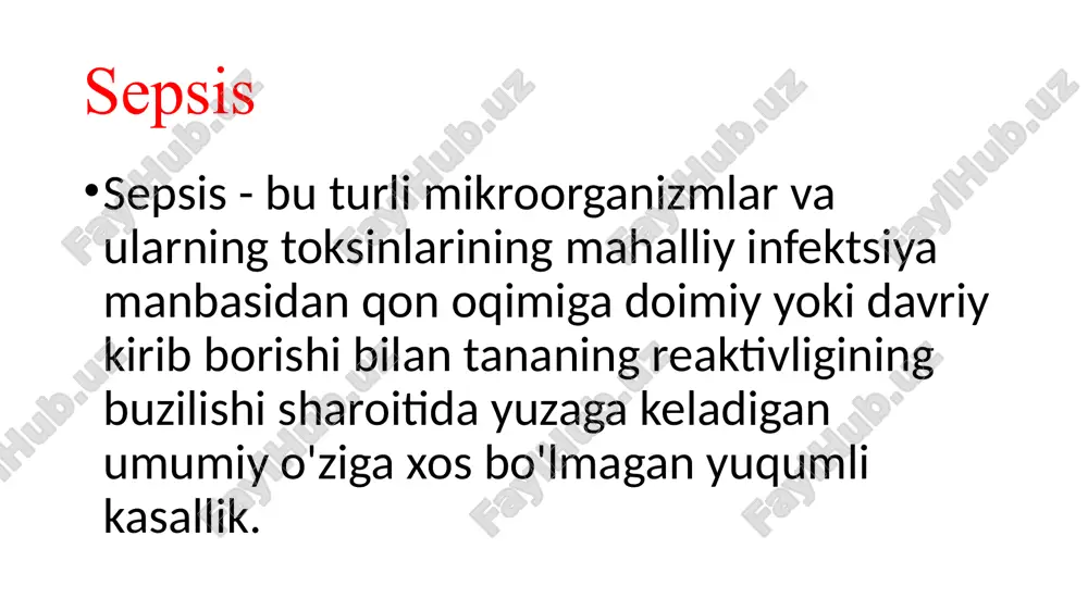 kindik, 2) teri, 3) otogen; 4) rinogen, 5) urosepsis, 6) stomatologik (odontogen), 7) ichak, 8) endokard, 9) ginekologik va boshqalar. iv. birlamchi ochog’ joylashuviga ko’ra otogen odontogen v. bakteriologik xususiyatlariga ko'ra 1) stafilokokk, 2) streptokokk, 3) kolibaksillar, 4) anaerob, 5) chiriydigan, 6) qo'ziqorin va boshqalar. qo'ziqorin sepsis stafilokokk sepsis 1) erta (zarar etkazilgan paytdan boshlab 10-14 kungacha), 2) kech (infektsiya paytidan boshlab 2 haftadan keyin) viii. bemorning tanasining reaktsiyasining tabiatiga ko’ra 1) gipoergik shakl; 2) normergik shakl; 3) giperergik shakl; 4) anergik shakl vi. rivojlanish vaqti bo'yicha sepsis nazariyalari 1. bakteriologik nazariya [i. v. davydovskiy, 1928]. tanadagi barcha o'zgarishlar yiringli fokusning rivojlanishi natijasidir. ular mikroblarning o'sishi, ko'payishi va mikroblarning qon oqimiga kirishi tufayli yuzaga keladi. 2. toksik nazariya [v. s. savelyev va boshqalar, 1976]. bu nazariya tarafdorlari mikroorganizmning o'ziga emas, balki uning hayotiy faoliyati mahsulotlari - ekzo- va endotoksinlarga katta ahamiyat berishadi. bakteriologik nazariya ( i. v. davydovskiy,1928) toksik nazariya …