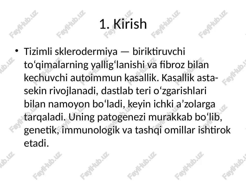 inik belgilari asosiy klinik belgilari: - raynaud sindromi (sovuqda barmoqlar oqarib-ko‘karib qoladi) - teri qattiqlashuvi, silliqlashuvi, yoriqlar - mushak og‘rig‘i va zaiflik - qizilo‘ngach reflyuksi, disfagiya - o‘pka fibrozisi, nafas qisishi - yurak ritm buzilishlari - buyrak yetishmovchiligi (skleroderma renal krizi) 7. diagnostikasi tashxis quyidagi asoslar bilan qo‘yiladi: - klinik belgilar (teri, ichki organlar zararlanishi) - laborator tahlillar: ana, anti-centromer, anti-scl-70 - biopsiya: terida kollagen to‘planishi - instrumental tekshiruvlar: * hrct (o‘pka) * ekg, echo (yurak) * kapillyaroskopiya * o‘pka funksional testlari 8. davolash davolash simptomatik va immunosupressiv bo‘lishi mumkin: - immunosupressivlar: metotreksat, siklofosfamid - kortikosteroidlar (og‘ir holatlarda) - vasodilatatorlar: nifedipin, bosentan - antifibrotik dori vositalari - reabilitatsiya: fizioterapiya, nafas mashqlari - sog‘lom turmush tarzi: stressdan saqlanish, sog‘lom ovqatlanish 9. asoratlari va prognoz asoratlari: - buyrak yetishmovchiligi - o‘pka gipertenziyasi - yurak yetishmovchiligi - o‘lim holati (og‘ir hollarda) prognoz kasallik shakliga bog‘liq. cheklangan shaklda prognoz nisbatan yaxshi, diffuz shakl esa …