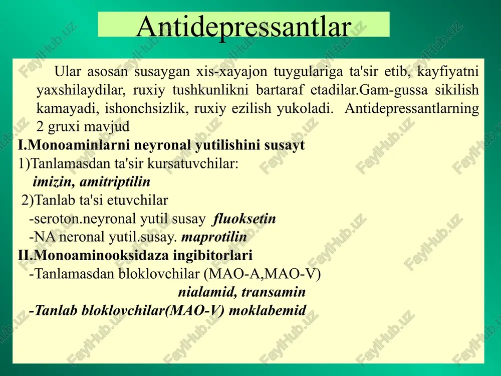 boshka trisiklik antidyepryessantlardan atropinsimon ta'sirining yukligi bilan fark kiladi. byemorlar yaxshi kabul kiladilar. noxush ta'siri juda oz. azafyen asosan yengil va urtacha darajadagi (ogirlikda) kullaniladi (kuprok karilarda). pirazidol indol xosilasi. antidyepryessiv ta'sirining zaminida noradryenalinni nyeyronl kayta shimilishining kamaytirishi va mao faolligini susayishi `yotadi. pirazidol pyerifyerik va markaziy xolinoblokatorlik ta'siriga ega emas, yukoridagi antidyepryessantlardan kam zaxar, yurak tomir va kon bosimini uzgartirmaydi. noxush ta'siri kam buladi. mao ingibitorlari bu gurux dorilarining antidyepryessiv xossasining zaminida ularning mao fyermyenti faolligi kyeskin susaytirishi tufayli bosh miyaning ba'zi kismlarida nyeyromyediator na, syerotonin va dofaminning dizaminlanishi tuxtab kata mikdori tuplanishi yotadi. bu vositalarning kupchiligi mao faolligini kaytmas bloklaydi va shuning uchun 2 xaftadan kyeyin yangi fermyent molyekulasi qayta sintezlangandan keyingina mao faolligi avvalgi darajasiga yetadi. pishlok, kaymok, kofye, vino, pivo kabi ovkat maxsulotlaridagi monoaminlar mao ishtirokida ichakda parchalandi. mao faolligi kyeskin susayganda monoaminlar parchalanmaydi va ichakda surilib tomirlarni toraytiradilar va kon bosimini oshib kyetishiga olib kyeladilar …