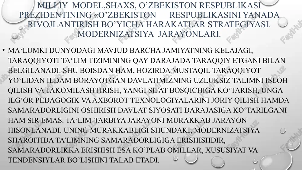 i tashkil etilgan ta’limni joriy etish masalasini ko’ndalang qilib qo’yadi. shu sababli ham, bilimdon, tashabbbuskor, jamiyatda faol va o’z mehnatida bilan dunyoni zabt etaoladigan shaxs shaklllantirilishi lozim. o’ylaymanki, hozirgi davr nuqtai nazaridan kelib chiqib bunday talablarga javob bera oladigan va yuqorida sanab o’tilgan xususiyatlarni o’zida mujassamlashtirgan shaxsni shakllantirishda quyida mezonlarni tashkil etilish muhim ahamiyat kasb etadi: modernizatsiya, modernizatsiyalash fransuzchadan moderne — „eng yangi“, „zamonaviy“) — biror narsani yangilash, unga zamonaviy tus berish, uni zamonaviy talablarga muvofiq oʻzgartirish. m.modernizatsiyada mashina, apparat, turli texnologik qurilmalar, muhim kashfiyotlar texnika taraqqiyoti talablariga muvofiq qayta ishlanadi. modernizatsiya tushunchasining mohiyati, nazariy - umummetodologik asoslari va fuqarolik jamiyati rivojidagi ahamiyati. o‘zbekiston respublikasi o‘z istiqloliga erishgach jamiyat siyosiy-ijtimoiy hayotining barcha jabhalarini yangilash va zamonaviylashtirish uchun keng imkoniyatlarga ega bo‘ldi. mazkur zaminlarga tayanilgan holda mamlakatimizda izchillik bilan demokratik islohotlarni va unga monand ravishda fuqarolik jamiyatini shakllantirish jarayonlarini chuqurlashtirish chora- tadbirlari amalga oshirib kelinmoqda. zero, davr talablaridan kelib chiqib yangilanish …