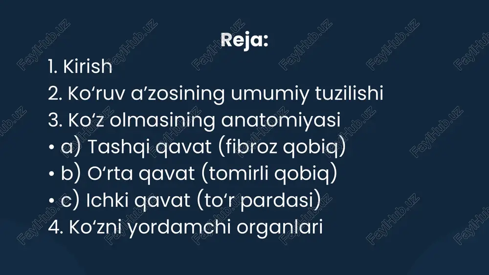 yo‘llari (viae opticae) — to‘r pardada hosil bo‘lgan asab impulslarini bosh miya po‘stlog‘igacha yetkazuvchi asab tolalar tizimi. ko‘z olmasi suyak kosachasi — orbita ichida joylashgan bo‘lib, u mushaklar, qon tomirlari va asablar bilan o‘ralgan. orbita ko‘zni mexanik zarbalardan himoya qiladi va harakatlanishiga qulay sharoit yaratadi. ko‘ruv a’zosining umumiy tuzilishi ko‘z olmasi (bulbus oculi) — inson ko‘rish a’zosining markaziy qismi bo‘lib, yorug‘lik nurlarini qabul qilish, ularni to‘r pardada (retina) tasvirga aylantirish va ko‘rish nervi orqali miya po‘stlog‘iga uzatish vazifasini bajaradi. bu jarayon natijasida inson atrof-muhitni ko‘ra oladi. ko‘z olmasining shakli va o‘lchamlari ko‘z olmasi shaklan yumaloq sfera ko‘rinishida, lekin orqa tomondan biroz yassilangan. o‘rtacha o‘lchamlari quyidagicha: • old-orqa diametri: 24 mm • ko‘ndalang diametri: 23,5 mm • tik (vertikal) diametri: 23 mm • og‘irligi: 7–8 g ko‘z olmasining orqa tomoni ko‘rish nervi (nervus opticus) chiqadigan joy bilan tugaydi. ko‘z olmasining oldingi qismi esa shox parda (cornea) orqali tashqi muhit bilan bevosita …