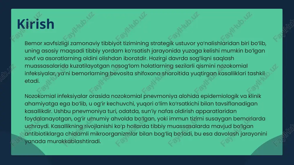 oniya tibbiyot muassasalaridagi nosokomial infeksiyalar tuzilmasida birinchi o‘rinda turadi. jahon sog‘liqni saqlash tashkiloti (jsst) va turli klinik markazlar ma’lumotlariga binoan: nozokomial pnevmoniya tushunchasi va uning ahamiyati reanimatsiya va intensiv terapiya bo‘limlarida yotgan bemorlarning 20–30 foizida nozokomial pnevmoniya kuzatiladi; sun’iy ventilyatsiyaga bog‘liq pnevmoniya (vap) holatlari ushbu kasalliklar orasida eng og‘ir kechuvchi bo‘lib, o‘lim sabablarining 30–40 foizini tashkil etadi; pnevmoniyaning taxminan 60 foizi sun’iy nafas oldirish apparatlari (ventilyatorlar) bilan bevosita bog‘liq holatda aniqlanadi. nozokomial pnevmoniya — bu nafaqat klinik muammo, balki bemor xavfsizligini boshqarish tizimi samaradorligining mezoni hamdir. uning yuqori tarqalishi tibbiyot xodimlari tomonidan infeksiya nazoratiga doir choralar yetarlicha bajarilmaganidan, shuningdek, tibbiy asbob-uskunalar dezinfeksiyasi, qo‘l gigiyenasi va aseptika qoidalariga rioya etilmasligidan dalolat beradi. kasalxona sharoitida rivojlanadigan pnevmoniyalar ko‘pincha antibiotiklarga yuqori darajada rezistent mikroorganizmlar tomonidan chaqiriladi. bu esa standart davolash protokollarining samaradorligini kamaytiradi va klinik boshqaruvni murakkablashtiradi. shu sababli, nozokomial pnevmoniyani o‘z vaqtida aniqlash va profilaktik nazoratini yo‘lga qo‘yish bemor xavfsizligi strategiyasining markaziy …