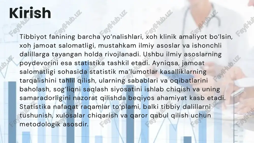 atistik usullar orqali kasallanish, o‘lim, nogironlik kabi ko‘rsatkichlar hisoblab chiqiladi. bu ma’lumotlar qaysi hududda qaysi kasallik ko‘proq uchrashi, xavf guruhlari kimlar ekanini aniqlash imkonini beradi. natijada kasalliklarning oldini olish bo‘yicha maqsadli chora-tadbirlar ishlab chiqiladi. sog‘liqni saqlash tizimining samaradorligini baholash tibbiyot faqat davolash emas, balki butun tizimning qanday ishlashini ham baholashni talab qiladi. statistik tahlil yordamida: kasalxonalar faoliyati, davolash va jarrohlik usullarining samarasi, dori vositalarining ta’siri ob’ektiv baholanadi. misol uchun, biror yangi dori vositasi joriy etilganda, uning natijasi statistik solishtirish orqali aniqlanadi. davlat sog‘liq siyosatini shakllantirish har qanday davlatning sog‘liqni saqlash strategiyasi aniq statistik ma’lumotlarga asoslanadi. masalan, tug‘ilish va o‘lim ko‘rsatkichlari, onalik va bolalik salomatligi, yurak-qon tomir kasalliklari yoki saraton kasalliklari statistikasi milliy dasturlar ishlab chiqishda asosiy manba hisoblanadi. statistik ma’lumotlarsiz sog‘liqni saqlash sohasida ilmiy asoslangan qaror qabul qilish imkonsizdir. ilmiy tadqiqotlarga asos yaratish klinika va epidemiologiya sohalaridagi har bir tadqiqot statistik metodologiyaga tayangan holda olib boriladi. bunda: randomizatsiya, nazorat guruhlari, …