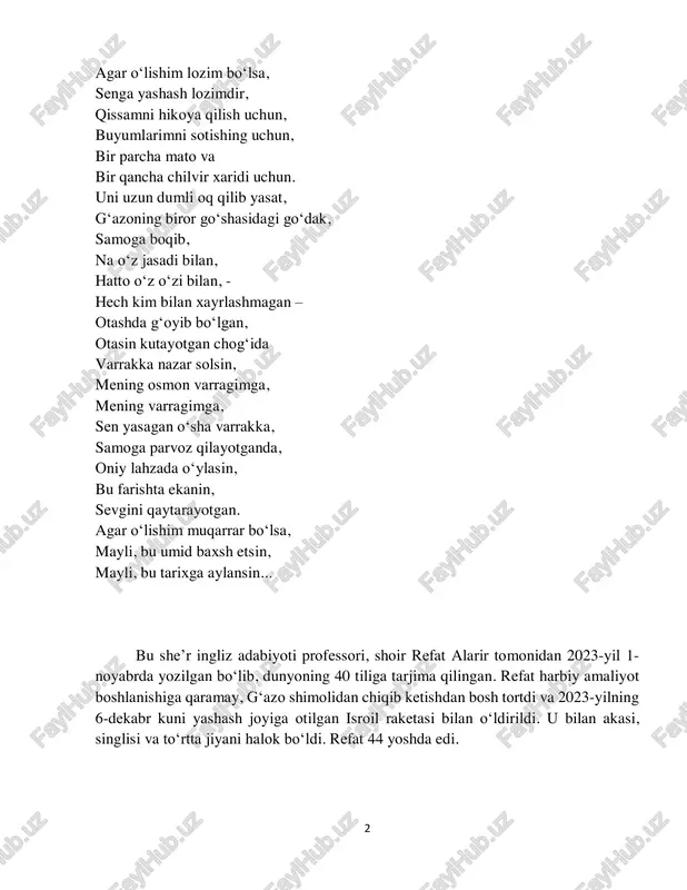 u bilan birga har yili davomiy takrorlanadigan bombardimonlar paytida ham bunga o‘xshash voqealar kuzatilmagan edi. balki buni 1948-yil voqealari bilan taqqoslash mumkindir. biroq falastin keysida bitta qonuniyat bor: ular boshidan kechirayotgan dardlarining o‘xshashi yo‘q. bir kuni ko‘chada tanish falastinlikni uchratib qoldim - biz moskvaning eng go‘zal ko‘chalaridan birida turardik. u o‘z xalqining hayoti qanday o‘tayotgani haqida, taqdirlar ortidan taqdirlarni hikoya qilib ko‘p va xo‘p so‘zladi. shunda men ushbu kitobni nashr etishga qaror qildim. u g‘azo, quddus va g‘arbiy sohildagi odamlar, falastinlik qochqinlar haqidagi reportajlar va qaydlardan iborat. kitobdan o‘rin olgan reportajlarning ba’zilari rus yoki ingliz tillarida oldin nashr etilgan. men g‘arbiy sohil va g‘azoda bo‘ldim hamda butun dunyo bo‘ylab: nyu-york, vashington, amman va tehronda falastinliklar bilan uchrashdim, ko‘plab xalqaro 1 ariel sharon – isroillik general va siyosatchi, 2001-yil martdan 2006-yil apreligacha isroilning (o‘n birinchi) bosh vaziri lavozimida ishlagan. 4 namoyishlar, konferensiyalar, kvartetlar va yopiq eshiklar ortidagi mutlaqo foydasiz bo‘lgan uchrashuvlar …