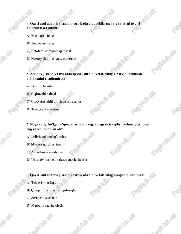 tiyojlariga 10. qaysi usul o'quvchilarga moslashish qobiliyatini rivojlantirishga yordam beradi? a) turli xil harakatlar va vaziyatlarni taklif qilish b) oddiy mashqlar c) o'zgarishsiz mashqlar d) qat'iy qoidalar 11. adaptiv jismoniy tarbiyada motivatsiya qanday oshiriladi? a) muvaffaqiyatni ta'minlash va qo'llab-quvvatlash orqali b) doimiy tanqid orqali c) tashqi bosim orqali d) kamchiliklarni ko'rsatish orqali 12. o'quvchining rivojlanishini kuzatish uchun adaptiv jismoniy tarbiyada qaysi usuldan foydalaniladi? a) regulyar baholash b) umumiy baholash c) random baholash d) baholashni bekor qilish 13. adaptiv jismoniy tarbiyada qaysi usul o'quvchilarning mustaqilligini rag'batlantiradi? a) doimiy yordam ko'rsatish b) mustaqil harakat qilish uchun imkoniyat yaratish c) qat'iy nazorat qilish d) barcha ishni o'qituvchi bajarishi 14. qaysi usul adaptiv jismoniy tarbiyada stressni kamaytirishga yordam beradi? a) kuchli mashqlar b) raqobatbardosh o'yinlar c) dam olish va meditatsiya mashqlari d) uzoq mashg'ulotlar 15. adaptiv jismoniy tarbiyada qanday usul jamoaviy ruhni rivojlantiradi? a) individual mashg'ulotlar b) mustaqil loyihalar c) jamoaviy o'yinlar va loyihalar …