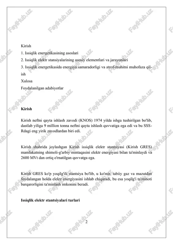 qaradi, bu esa energetika sanoati uchun muhim ahamiyatga ega. bug 'turbinalarining' dizayni bug'ning parametrlariga bog'liq: yuqori bosimli, o'rta bosimli va past bosimli kaskadlardan iborat bo'lib, bu esa bug'ning optimal kengayishini ta'minlaydi va samaradorlikni oshiradi. gaz turbinalari gaz turbinalari brayton siklida ishlaydi, havo siqiladi, yoqilg'i qo'shiladi va yuqori haroratli gaz turbinani aylantiradi, mexanik energiyani ishlab chiqaradi. ko'p bosqichli kompressorlar samaradorlikni oshiradi. gaz turbinalarining chiqish harorati odatda 400 dan 650 °c gacha bo'ladi. bu harorat issiqlikni qayta tiklash uchun qozonlarda ishlatilishi mumkin, kombinatsiyalangan sikl gaz turbinasi stansiyalarining samaradorligini oshiradi. gaz turbinalari aviatsiya, sanoat va energetika sohalarida qo'llaniladi. aeroderivativ gaz turbinalari samolyot dvigatellari asosida yaratilgan, ularning quvvati 10 mvtdan 50 mvtgacha yetishi mumkin. kombinatsiyalangan siklli elektr stantsiyalari (ccpp) ccpp yuqori samaradorlikka erishadi, odatda 50% dan 60% gacha, gaz turbinasining chiqindi issiqligini bug 'turbinasida qo'shimcha quvvat ishlab chiqarish uchun ishlatadi. bug 'turbinasining past bosimli qismi vakuumda ishlaydi, kondensatsiya jarayoni orqali issiqlikni chiqaradi va siklning …