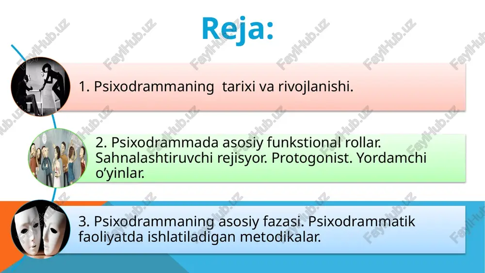 qiladi, ular keyinchalik psixodrammaning ajralmas qismiga aylanadi. klassik psixodramma bu odamning ichki dunyosini, hissiyotlarini o’rganish uchun foydalaniladigan metodlardan biridir. bu metod shaxsning ijodiy potensialini rivojlantirish va imkoniyatlarini kengaytirish va shaxslararo munosabatlarda o’zining xatti- harakatlarini to’gri baholay olish imkonini beradi. moreno birinchi bo’lib shaxs va guruh o’rtasidagi hayot munosabatlarining insonning individual rivojlanishi uchun ham, jamiyat rivojlanishi uchun ham katta ahamiyatga egaligini bildiradi. shu asosda u guruh psixoterapiyasining tamoyillarini shakllantiradi: ular quyidagilar: guruh psixoterapiyasining asosiy tamoyili shundaki, har bir shaxs - nafaqat terapevt- boshqa shaxsga va har qanday guruhga terapevtik agent sifatida ta’sir qilishi mumkin. guruh psixoterapiyasi – bu guruh a’zolarini eng maqbul umumlashtirishga yo’naltirilgan psixoterapevtik usuldir. ushbu usul a’zolarning o’z-o’zidan paydo bo’ladigan motivlari va hamdardliklari bilan guruhning jipslashuvini muvofiqlashtirish orqali a’zolarini qayta tashkil etishga yordam beradi. 3. guruh psixoterapiyasi – bu nafaqat e’tibor markazida moslashish va integratsiya qiyichiliklari tufayli paydo bo’lgan individual shaxs turini, balki butun guruhni va u bilan bog’liq …