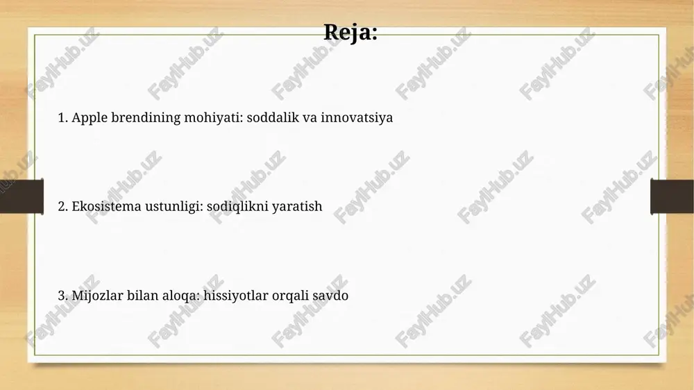 surib, yangi avlod protsessorlari (a14 bionic, m1) kabi inqilobiy texnologiyalarni integratsiya qilishga harakat qiladi. mahsulot taqdimotlari: shou-biznes va hayajon apple mahsulot taqdimotlari, odatda, tomoshabinlar uchun hissiyotlarni uyg'otish maqsadida, 30-45 daqiqalik yuqori darajadagi sahna ko'rinishlariga ega. shou-biznes elementi, ceo va dizaynerlarning karizmatik chiqishlari, yuqori sifatli vizual effektlar va 1000 dan ortiq ommaviy axborot vositalarining qatnashuvini o'z ichiga oladi. apple ekotizimi: mijozlarni qanday qilib qamrab olishadi? apple qurilmalari va xizmatlarining uzluksiz integratsiyasi, masalan, airdrop, icloud orqali, foydalanuvchilarni o'z ekotizimida ushlab turadi va boshqa platformalarga o'tishni qiyinlashtiradi. app store'dagi 2 milliondan ortiq ilovalar va apple music, apple tv+ kabi xizmatlar foydalanuvchilarga raqobatdosh takliflardan ko'ra ekotizimda qolish uchun ko'proq sabab beradi. mijozlarga e'tibor: hamjamiyat yaratish apple mijozlar bilan aloqalarni mustahkamlash uchun 'apple store' do'konlarida bepul treninglar o'tkazadi, bu esa 70% mijozlarning brendga sodiqligini oshiradi. apple onlayn forumlari va yig'ilishlari orqali mijozlar o'rtasida o'zaro aloqalarni rag'batlantiradi, bu esa mahsulotlarni 35% ko'proq muhokama qilishga olib keladi. …