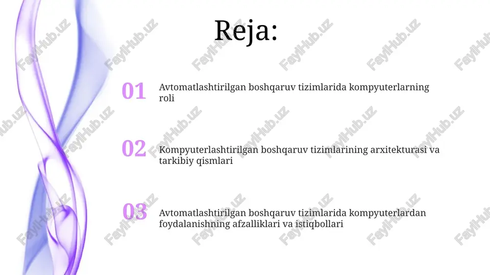 urasi va tarkibiy qismlari markaziy protsessor (cpu) ikki qismdan: arifmetik-mantiqiy qurilma (alu) va boshqaruv qurilmasidan (cu) tashkil topgan bo'lib, alu matematik va mantiqiy amallarni, cu esa operatsiyalarni boshqaradi. kompyuter arxitekturasi, odatda, cpu (central processing unit), xotira (ram va rom), kirish/chiqish qurilmalari va ularni bog'lovchi 3 ta asosiy shina (data, address, control) dan iborat. datchiklar va aktuatorlar bilan interfeys datchiklardan olingan 0 dan 10v gacha bo'lgan analog signallar aktuatorlar uchun mos bo'lishi uchun a/d konvertorlar orqali raqamli ma'lumotga aylantiriladi. aktuatorlarni boshqarish uchun kompyuter 4 dan 20 ma gacha bo'lgan standart sanoat signallarini ishlab chiqarishi mumkin, bu esa kuchaytirgichlar orqali solenoid klapanlarni harakatga keltiradi. dasturiy ta'minot va algoritmlar dasturiy ta'minotning muhim qismi real vaqtda ishlaydigan operatsion tizimlardir (rtos), ular 1 millisekunddan kam bo'lgan aniqlikda 100 dan ortiq vazifani bajaradi. algoritmlar pid (proportional-integral-derivative) nazoratini o'z ichiga oladi, bu esa jarayonning barqarorligini ta'minlash uchun 3 ta parametrni (proportsional, integral, differentsial) sozlaydi. ma'lumotlarni yig'ish va …