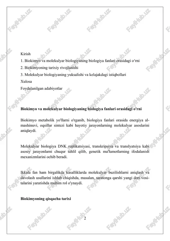 kislotalarning xususiyatlarini o'rganish, masalan, fermentativ katalizning molekulyar mexanizmlari, molekulyar biologiyaning asosiy yo'nalishlaridan biri bo'lib qoldi. biokimyo va molekulyar biologiyaning asosiy tamoyillari biokimyo reaksiyalari termodinamik qonunlarga bo'ysunadi, jumladan, gibbs erkin energiyasi (δg) 0 dan kam bo'lgan eksergonik reaksiyalar spontan ravishda sodir bo'ladi. genetik axborot dnkda kodlangan bo'lib, replikatsiya, transkripsiya va translyatsiya jarayonlari orqali oqsillarga o'tkaziladi, bu esa gen ekspressiyasining asosidir. fermentlar biologik katalizatorlar bo'lib, reaksiyalarni tezlashtiradi, aktivatsiya energiyasini kamaytiradi va substratlarga yuqori spetsifiklikni namoyon etadi, masalan, rnk polimerazasi. biokimyoning biologiya bilan bog'liqligi biokimyo, biologiyaning molekulyar asoslarini o'rganadi, masalan, dnk replikatsiyasi, transkripsiya va translyatsiya orqali genetik ma'lumot oqimini tushuntiradi. metabolik yo'llar, masalan, glikoliz va krebs sikli, biokimyo tomonidan batafsil o'rganiladi va biologik organizmlarning energiya ishlab chiqarish jarayonlarini ochib beradi. fermentlar, biologik katalizatorlar, biokimyoning muhim qismidir; ularning tuzilishi va funksiyalari hujayralar biologiyasidagi reaksiyalarni tezlashtirish mexanizmlarini ko'rsatadi. molekulyar biologiyaning biologiya bilan bog'liqligi molekulyar biologiya dnk replikatsiyasi, transkripsiya va translyatsiya kabi asosiy jarayonlarni tushunish uchun …
