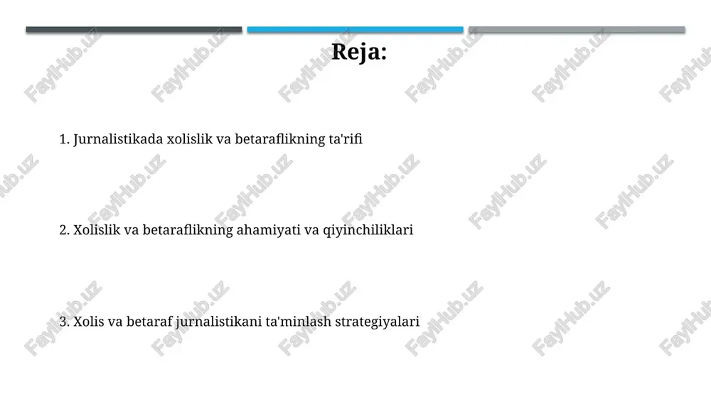 ariga javob berish xolislikni ta'minlaydi. amaliy misollar va muhokama «gazeta.uz»ning 2023-yildagi saylovlarni yoritishi, har bir nomzodga teng vaqt berish orqali xolislikka intildi, ammo ijtimoiy tarmoqlardagi bahslar muvaffaqiyatga erishilmaganini koʻrsatdi. 2024-yilda oavning davlat budjeti loyihasini tanqidiy tahlil qilishlari, manfaatlar to'qnashuvi bo'yicha savollarni keltirib chiqardi. mustaqil ekspertlar fikri xolisligini ta'minlash uchun muhim. e'tiboringiz uchun rahmat image2.jpg image3.jpg image4.jpg image5.jpg image6.jpg image7.jpg