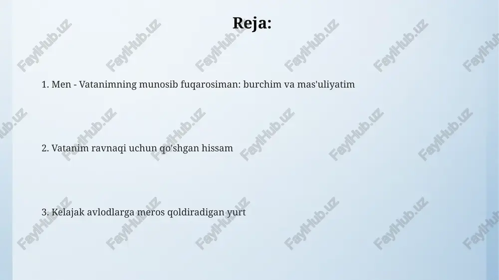 antirish orqali yoshlarning 70% texnologik ko'nikmalarini oshirishga harakat qilaman va 20 dan ortiq yangi maktablar ochishga yordam beraman. ekologik muammolarni hal qilish uchun qayta tiklanadigan energiya manbalaridan 30% foydalanishni targ'ib qilaman va 15 million daraxt ekish kampaniyasini tashkil etishni rejalashtirmoqdaman. milliy qadriyatlar va an'analar navro'z bayrami, 21-martda nishonlanadi, 12 hayvon yilidan iborat qadimiy taqvim bilan bog'liq bo'lib, tabiat uyg'onishini va yangi yil boshlanishini anglatadi. milliy qadriyatlar oilada erta yoshdan shakllanadi; 'beshik to'yi' kabi 3000 yillik an'analar bolaning kelajagini bashorat qiladi, axloqiy me'yorlarni singdiradi. o'zbek milliy liboslari, adras va atlas matolaridan tikilgan, 100 dan ortiq uslubga ega bo'lib, har bir mintaqaning o'ziga xos dizaynini va madaniy merosini aks ettiradi. konstitutsiyaga hurmatim konstitutsiyaga hurmatim – bu 40 soatlik ish haftasiga rioya qilishni talab etish va 37-moddaga binoan, majburiy mehnatga qarshi kurashish, o'z huquqlarimni himoya qilishdir. konstitutsiyaga hurmatim – bu uning 128 moddasini bilish va hayotda qo'llash, inson huquqlari himoyasiga 47-moddada ko'rsatilganidek, doimo …