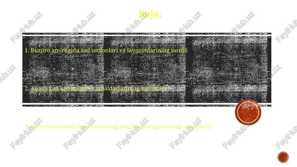 , uning qarorlari 3 kun ichida amirga shikoyat qilinishi mumkin edi. moliya va iqtisodiyot mas’ullari: devonbegi va soliq yigʻuvchilar devonbegi, moliya vaziri sifatida, davlat daromadlari va xarajatlarini nazorat qilib, har yili buxoro amiriga 5000 tanga miqdorida hisobot berar edi. soliq yigʻuvchilar (bojgir), turli xil soliqlar, jumladan, 10%lik hosil soligʻi (ushr) va savdo soligʻini yigʻishda mas’ul boʻlib, moliyaviy barqarorlikni taʼminladi. sud amaldorlari: mirshab va dodxoh mirshablar osoyishtalikni saqlash uchun javobgar boʻlib, kechalari 10-15 nafar askardan iborat guruhlar bilan shaharni patrul qilgan, qoidabuzarlarni esa darhol jazoga tortgan. dodxoh sud amaldori boʻlib, huquqbuzarlik holatlarini koʻrib chiqib, qozilar tomonidan chiqarilgan hukmlarni ijro etish, shuningdek, jazolarni amalga oshirish vazifalarini bajargan. saroy xizmatchilari: nazirlar va saroydorlar nazirlar, masalan, moliya naziri (devonbegi), davlat byudjeti va soliq yig'imlarini nazorat qilib, amirlikning iqtisodiy barqarorligini ta'minlashda muhim rol o'ynagan. saroydorlar, shu jumladan eshikog'asi, amir huzuriga kirishni tartibga solib, saroy hayotida qat'iy tartib o'rnatgan va amirning xavfsizligini ta'minlagan. vazirliklar va ularning …