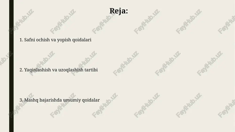 qisqartiradilar, odatda 30-40 santimetrgacha bo'lgan oraliq saqlanadi. uzoqlashish qoidalari "uzoqlashish" deganda safda turgan harbiy xizmatchilarning bir-biridan ma'lum masofaga uzoqlashishi tushuniladi, bu masofa odatda 1-2 qadamni tashkil etadi. uzoqlashish odatda "uzoqlash!" komandasi bilan amalga oshiriladi, bu komanda jamoa komandirining buyrug'i bilan safning kengayishiga olib keladi. ochilish va yopilishning amaliy ahamiyati ochilish va yopilish safda harakatni boshlash uchun zarur. ular odamlarga 1-2 qadam tashlash imkonini beradi, shunda har bir kishi mashqni bajarish uchun yetarli joyga ega bo'ladi. ochilish va yopilish safdagi masofani o'zgartirish orqali har bir xodimning xavfsizligini ta'minlaydi. bu jarohatlarning oldini olish uchun 0.5-1 metr masofada bo'lishga yordam beradi. yaqinlashish va uzoqlashishning amaliy ahamiyati yaqinlashishning amaliy ahamiyati 10-15 metrlik masofada dushman bilan qo’l jangi olib borishda, pozitsiyani tezda egallash va hujumni boshlash uchun muhimdir. uzoqlashishning amaliy ahamiyati 5-7 qadam orqaga chekinishda, dushmandan xavfsiz masofada bo’lish va qayta hujumga tayyorgarlik ko’rish uchun katta ahamiyatga ega. xavfsizlik qoidalari mashg'ulot joyi toza va begona …