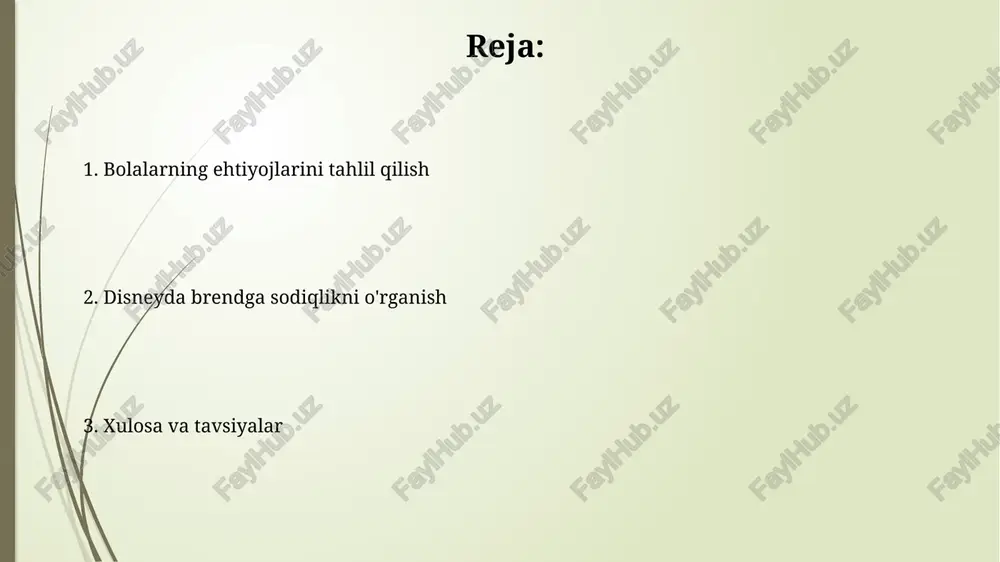 lalarga emotsional murojaati 70% mehr-muhabbat, 20% hayrat va 10% nostalgiya orqali yaratiladi, bu ularning brendga sodiqligini kuchaytiradi. disney qahramonlarining 85% i bolalarda ijobiy his-tuyg'ularni uyg'otadi, 15% i esa qiyinchiliklar va ularni yengish orqali emotsional bog'lanishni ta'minlaydi. disneyning mahsulot takliflari: turli xillik va qondirish disney turli yoshdagi bolalar ehtiyojlarini qondirish uchun o'yinchoqlar, kiyim-kechak, kitoblar va video o'yinlar kabi 5 asosiy toifadagi mahsulotlarni taklif etadi. disney+ striming xizmati va tematik parklar kabi xizmatlar oilaviy ko'ngilochar sanoatda 70% lik bozor ulushini ta'minlaydi. marketing strategiyalari: bolalarga yo'naltirilgan yondashuvlar bolalarga yo'naltirilgan marketingda hikoyalar muhim. masalan, 3d animatsiya qahramonlari orqali mahsulotning afzalliklari qiziqarli tarzda tushuntiriladi. o'yinlashtirish texnikasi orqali bolalarni jalb qilish: misol uchun, 5 ta mahsulot sotib olgan bola, o'yinda eksklyuziv virtual sovrinni qo'lga kiritadi. brendga sodiqlikni shakllantirish: disney tajribasi disney bolalarda brendga sodiqlikni yaratish uchun hissiy aloqani mustahkamlashga e'tibor qaratadi, bu 0 yoshdan 12 yoshgacha bo'lgan guruhlarda 75% ijobiy natija beradi. disney o'zining ip-lari va …