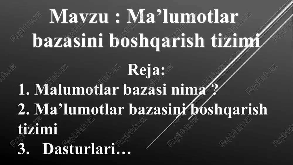 gan maʼlumotlar ombori. maʼlumotlarni oʻqish, saqlash, qayta ishlash va qidirish uchun moʻljallangan. o´zining tezligi bilan ajralib turadi. eng mashhur maʼlumotlar bazasiga oracle, mssql, mysql va boshqalar kiradi mbbt asosiy xususiyatlari — bu nafaqat ma’lumotlarni kiritish va saqlashda ishlatiladigan protseduralar tarkibi bo‘lmasdan, ularning strukturasini ham tasvirlaydi. ma’lumotlarni o‘zida saqlab va mbbt ostida boshqariladigan fayl oldin ma’lumotlar banki, keyinchalik esa “ma’lumotlar bazasi” deb yuritila boshlandi. ma’lumotlarni boshqarish tizimi quyidagi xossalarga ega: fayllar to‘plami mantiqiy kelishuvni quvvatlaydi; ma’lumotlar ustida ish yuritish tili bilan ta’minlaydi; bir necha foydalanuvchilarning parallel ishlashini ta’minlaydi har xil to‘xtalishlardan keyin ma’lumotlarni qayta tiklaydi; ma’lumotlar bazasini boshqarish tizimi (mbbt) — bu dasturiy va apparat vositalarining murakkab majmui bo‘lib, ular yordamida foydalanuvchi ma’lumotlar bazasini yaratishi va shu bazadagi ma’lumotlar ustida ish yuritishi mumkin. mbbt o‘z maxsus dasturlash tillariga ham ega bo‘lib, bu tillarga buyruqli dasturlash tillari deyiladi. mbbtga oracle, clipper, paradox, foxpro, access va boshqalarni misol kåltirish mumkin. microsoft access mbbt …