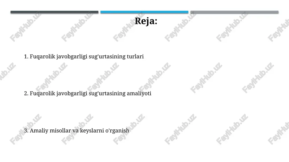 gan limitlar doirasida, masalan, 5 million so'mgacha bo'lishi mumkin. transport vositalari egalarining fuqarolik javobgarligi sug'urtasi (tvejfjs) tvejfjs shartnomasi bo'yicha sug'urta qoplamasi, jabrlanuvchiga yetkazilgan zararni qoplash uchun 40 barobar ekih miqdorida mulkiy zarar uchun to'lanadi. o'zbekistonda tvejfjs bo'yicha sug'urta polisi majburiydir va transport vositasidan foydalanish uchun ruxsat olishda asosiy shartlardan biri hisoblanadi. ish beruvchining fuqarolik javobgarligi sug'urtasi ish beruvchining fuqarolik javobgarligi sug'urtasi xodimning sog'lig'iga zarar yetkazilgan taqdirda to'lovlarni qoplaydi, masalan, 75 foizgacha tibbiy xarajatlar va 50 foizgacha nogironlik nafaqalari. o'zbekistonda, ish beruvchining javobgarligi sug'urtasi o'zbekiston respublikasi qonunlariga muvofiq majburiy hisoblanadi, shu jumladan 2016-yil 5-oktabrdagi pq-2624-sonli prezident qarori. kasbiy javobgarlik sug'urtasi «kasbiy javobgarlik sug'urtasi» tibbiyot xodimlari xatolari natijasida uchinchi shaxslarga yetkazilgan zararni qoplash uchun 100 million so'mgacha sug'urta to'lovini kafolatlaydi. advokatlar uchun «kasbiy javobgarlik sug'urtasi» mijozlarga noto'g'ri maslahat berish yoki protsessual xatoliklar oqibatida kelib chiqqan 50 million so'mgacha zarar qoplamalarini ta'minlaydi. mahsulot javobgarligi sug'urtasi mahsulot javobgarligi sug'urtasi ishlab chiqaruvchining mahsulot nuqsoni tufayli …