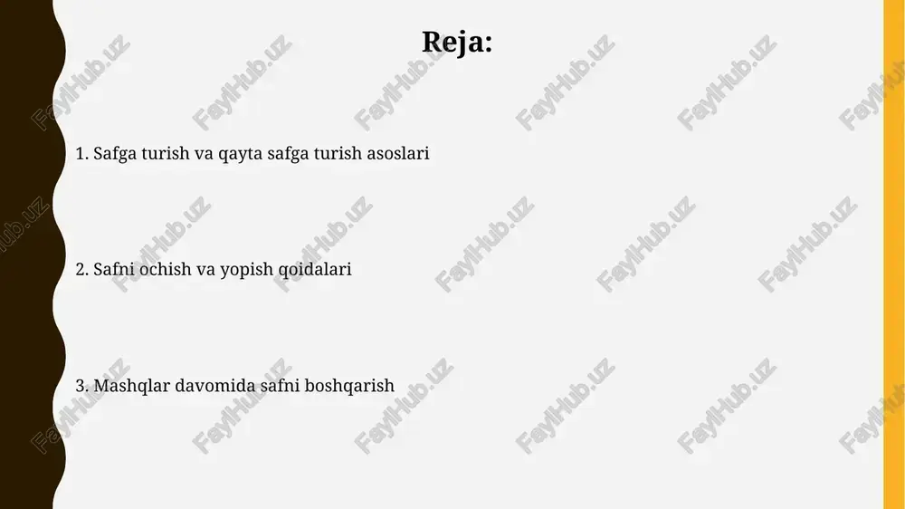 ari va amaliyoti "qayta tekislash" - bu safdagi buzilishlarni bartaraf etish, saflarni to'g'rilash uchun 1-sonli komandadan keyin amalga oshiriladigan muhim jarayon. qayta tekislash amaliyoti safning to'g'ri chiziqligini tiklaydi. bu jarayon har bir askarning pozitsiyasini aniq belgilaydi va ularning orasidagi masofani 50 sm qilib saqlaydi. safni ochish tartibi: bosqichma-bosqich ko'rsatmalar 1-bosqich: saf boshida turgan komandir “safnis ochish!” komandasini beradi, bunda safdagi har bir qator o'z o'rnidan chap va o'ng tomonga siljiydi. 2-bosqich: chap qanotdagi shaxs (odatda, birinchi raqam) joyida qoladi, qolganlar esa unga nisbatan belgilanadigan masofaga (masalan, bir qadam) uzoqlashadi. safni yopish tartibi: bosqichma-bosqich ko'rsatmalar 1-bosqichda, safning o'ng qanoti yo'nalishni belgilaydi, qolganlar esa unga qarab tekislanadi, oraliqlar 50-70 sm bo'lishi kerak. bu aniq joylashuvga erishishga yordam beradi. 2-bosqichda, komandir "safni yopish!" buyrug'ini beradi, shundan so'ng har bir saf o'z joyini egallaydi, oraliqlarni qisqartirib, 40-60 sm oralig'ida saqlaydi. komandalar va signallar: tushunish va ijro etish komandalar aniq, qisqa boʻlishi kerak, odatda 1-3 …