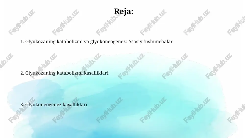 azishning buzilishi bo'lib, toksik metabolitlar to'planishiga olib keladi. piruvat degidrogenaza (pdh) yetishmovchiligi piruvatning asetil-koaga aylanishini buzadi, bu esa mitoxondriyal energiya ishlab chiqarilishini kamaytiradi va laktat atsidoziga olib keladi, ayniqsa miyada. glyukoneogenezning asosiy tushunchalari va tartibga solinishi glyukoneogenez – bu piruvat yoki laktat kabi uglevod bo'lmagan manbalardan glyukoza sintezining metabolik yo'li bo'lib, qonda glyukoza darajasini saqlash uchun juda muhim. glyukoneogenez fermentlari, xususan, piruvat karboksilazasi va fruktoza-1,6-bisfosfataza, energiya zaxiralariga va gormonal signallarga qarab, allosterik modulyatorlar va oqsillar orqali qattiq tartibga solinadi. insulin glyukoneogenezni inhibe qiladi, glyukagon esa uni rag'batlantiradi; bu gormonal nazorat qon glyukoza konsentratsiyasi fiziologik doirada qolishini ta'minlash uchun juda muhim ahamiyatga ega. glyukoneogenez kasalliklari: kirish bu kasalliklar glyukoneogenez fermentlarining genetik nuqsonlari tufayli kelib chiqadi, masalan, piruvat karboksilaza yoki glyukoza-6-fosfataza yetishmovchiligi kabi, bu esa gipoglikemiyaga olib keladi. glyukoneogenez kasalliklari nisbatan kam uchraydi, lekin ular jiddiy metabolik buzilishlarga olib kelishi mumkin, ayniqsa bolalarda, chunki glyukoza miqdori juda muhimdir. glyukoneogenez buzilishlari gipoglikemiya, laktik …