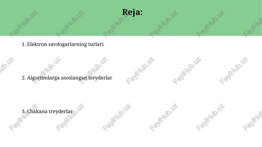 atlashtiradi, bu esa inson xatolarini kamaytiradi va 24/7 savdo qilish imkonini beradi. investitsion treyderlar investitsion treyderlar, odatda, yirik firmalar yoki banklar uchun ishlaydi, mijozlar mablag'larini boshqarib, ularga dividendlar va foyda keltirishga intiladi. ular aktivlarning narxini baholash uchun fundamental tahlil va makroiqtisodiy ko'rsatkichlardan foydalanadi, o'z investitsiya portfelini uzoq muddatli o'sishga yo'naltiradi. arbitraj treyderlari arbitraj treyderlari bir vaqtning o'zida ikki yoki undan ortiq bozorlardagi narxlardagi kichik farqlardan foyda olishga harakat qiladi, masalan, 0.05% foyda ko'rish mumkin. ular asosan yuqori tezlikdagi savdo algoritmlaridan foydalanadilar, bu sekundiga minglab bitimlar tuzish imkonini beradi va kamida 10000$ kapitalga ega bo'lish talab etiladi. yangiiliklar treyderlari yangiliklar treyderlari iqtisodiy taqvimdagi e'lonlar, masalan, foiz stavkalari o'zgarishi yoki ishsizlik darajasi kabi voqealardan 0.1-0.5 foizlik tez foyda olishga harakat qiladi. ular ko'pincha yuqori leverage'dan foydalanadilar va e'lon atrofida yuqori volatilite sharoitida bir necha soniyadan bir necha daqiqagacha bo'lgan muddatda 5-10 ta savdo ochishlari mumkin. e'tiboringiz uchun rahmat image2.jpg image3.jpg image4.jpg image5.jpg …