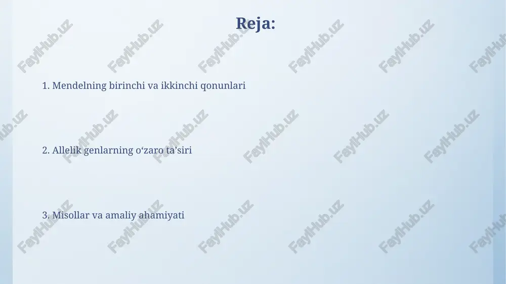 shtirishda bir juft muqobil belgilari boʻyicha farqlanadigan organizmlar oʻzaro chatishtiriladi, bunda birinchi avlodda (f1) bir xillik qonuni namoyon bo'ladi. monogibrid chatishtirishda genotip va fenotip nisbati, masalan, toʻliq dominantlikda f2 da 3:1 nisbatda boʻladi, bu mendelning ajralish qonunini koʻrsatadi. test chatishtirish test chatishtirish, fenotipi dominant bo'lgan organizmning genotipini aniqlash uchun, doimiy retsessiv genotipga ega bo'lgan individ bilan chatishtirilishini o'z ichiga oladi. agar test chatishtirish natijasida avlodda 1:1 fenotipik nisbat kuzatilsa, bu dominant fenotipga ega bo'lgan organizmning genotipi geterozigota (aa) ekanligini ko'rsatadi. mendelning ikkinchi qonuni (mustaqil taqsimlanish qonuni) mendelning ikkinchi qonuni, mustaqil taqsimlanish qonuni, ikki yoki undan ortiq genlarning allellari bir-biridan mustaqil ravishda gametalarga ajralishini ko'rsatadi, ya'ni 9:3:3:1 nisbat hosil bo'ladi. dihibrid chatishtirishda, masalan, sariq dumaloq (yyrr) va yashil burishgan (yyrr) no'xatlarni chatishtirishda, f2 avlodida genlar kombinatsiyasi 16 xil bo'lib, mustaqil taqsimlanish natijasidir. ikkinchi qonunning izohi ikkinchi qonunning izohi genlar bir-biridan mustaqil ravishda naslga o'tishini ko'rsatadi, bunda 9:3:3:1 nisbatli di-gibrid chatishtirish natijasida …