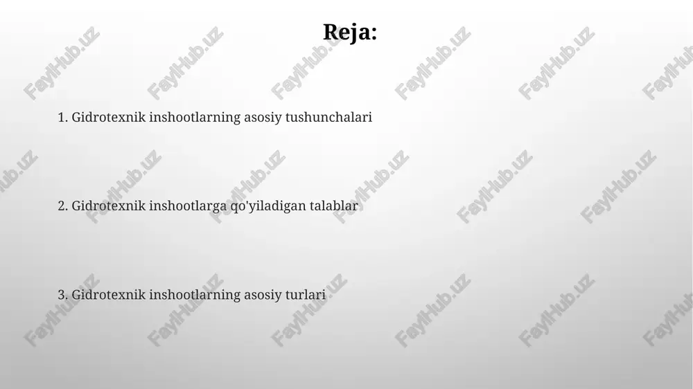 sm/s dan kam bo'lgan materiallardan foydalanish talabi, inshoot tanasida filtratsiya oqimlari hosil bo'lishining oldini olish va gidravlik buzilish xavfini kamaytirishga qaratilgan. barqarorlik talablari barqarorlik talablari inshootning oʻz vazifasini bajara olishi uchun yetarli boʻlishi kerak, masalan, suv bosimi 100 kpa boʻlganda, inshoot oʻz shaklini saqlab qolishi shart. inshootning barqarorligi uning ogʻirligi, suv bosimi va seysmik yuklar kabi barcha taʼsir etuvchi kuchlarga bardosh bera olish qobiliyatini belgilaydi, odatda xavfsizlik koeffitsienti 1.1 dan yuqori bo'lishi kerak. suv o'tkazmaslik talablari suv o'tkazmaslik darajasi w6 beton uchun kamida 0.6 mpa bosimga bardosh berishi kerak, bu esa suvning tuzilish ichiga kirishini cheklaydi. filtrlashga qarshi chora-tadbirlar, masalan, geotexstil materiallar, zichlanish uchun tuproqning filtratsiya koeffitsienti 1x10-5 sm/s dan kam bo'lishini ta'minlashi shart. uzoq muddatlilik talablari gidrotexnika inshootlari 50-100 yilgacha xizmat qilishi kerak. uzoq muddatlilik uchun materiallar korroziyaga chidamli bo'lishi va gidrostatik bosimga bardosh berishi zarur. inshootning uzoq muddatliligi uning zaxira koeffitsientiga bog'liq. masalan, suv o'tkazuvchanlik qobiliyati kamida 1.2 …