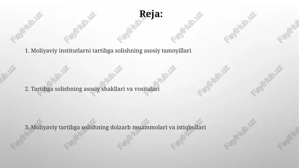 kompaniyalarini tartibga solish sug'urta kompaniyalari kapital yetarliligini ta'minlash uchun normativlar mavjud. bu normativlar, masalan, aktivlar va majburiyatlar o'rtasidagi nisbatni 120% dan kam bo'lmasligini talab qiladi. sug'urta faoliyatini litsenziyalash markaziy bank tomonidan amalga oshiriladi. litsenziya olish uchun minimal ustav kapitali miqdori qonun hujjatlarida belgilab qo'yilgan bo'lib, 5 milliard so'mdan kam bo'lmasligi kerak. qimmatli qog'ozlar bozorini tartibga solish qimmatli qog'ozlar bozorini tartibga solish o'zbekistonda qimmatli qog'ozlar bozori faoliyatini muvofiqlashtirish va rivojlantirish markazi tomonidan amalga oshiriladi. o'zbekiston qonunchiligiga ko'ra, emitentlar ro'yxatdan o'tishlari va qimmatli qog'ozlar emissiyasi to'g'risidagi ma'lumotlarni ochib berishlari shart. investitsiya fondlarini tartibga solish investitsiya fondlari o'zbekistonda qimmatli qog'ozlar bozori to'g'risidagi qonun va o'zbekiston respublikasi markaziy bankining me'yoriy hujjatlari bilan tartibga solinadi, bu fondlarning faoliyatini nazorat qilishni ta'minlaydi. investitsiya fondlarining faoliyati litsenziyalash, kapitalga qo'yiladigan talablar, risklarni boshqarish, investorlarni himoya qilish va oshkoralikni ta'minlash kabi qoidalarga bo'ysunadi. moliyaviy jinoyatlarga qarshi kurash pul yuvishga qarshi kurashda 1988-yildagi vena konventsiyasi narkotik moddalar savdosidan olingan daromadlarga …