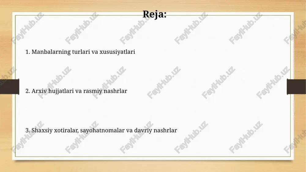 larni aks ettirib, jamiyatdagi kayfiyat, siyosiy voqealar, iqtisodiy o'zgarishlar haqida 19-20-asr boshlarida noyob ma'lumot beradi. matbuot va davriy nashrlar “turkiston viloyati gazeti” 1870 yilda nashr etila boshladi va rasmiy hukumat axborotlarini chop etdi, bu mintaqadagi rossiya imperiyasining siyosatini yoritishda muhim rol o'ynadi. “sadoi turkiston” gazetasi 1914 yilda mahmudxo'ja behbudiy tomonidan asos solingan bo'lib, jadidchilik harakatining g'oyalarini targ'ib qilishda muhim ahamiyatga ega edi. fotografiya va vizual manbalar fotografiyalar turkiston o'lkasida 19-asr oxirida paydo bo'lib, mahalliy aholi hayoti, arxitekturasi va madaniyatini aks ettiruvchi qimmatli vizual hujjatlardir, 1860-1917 yillar davrini qamrab oladi. 20-asr boshlarida rangli fotosuratlar paydo bo'lishi bilan, s.m. prokudin-gorskiy kabi fotograflar mintaqaning etnik xilma-xilligi va tarixiy obidalarini noyob tarzda tasvirlash imkoniyatiga ega bo'lishdi. xorijiy davlatlar arxivlari rossiya davlat harbiy-tarixiy arxivida turkiston harbiy okrugi boʻyicha 1868-1917 yillarga oid 4000 dan ortiq fond mavjud boʻlib, bu hududning harbiy jihatlari haqida maʼlumot beradi. buyuk britaniya milliy arxivida (the national archives) markaziy osiyo, shu jumladan, …