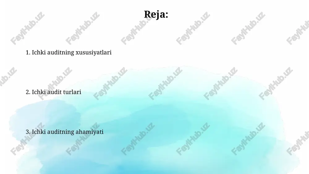 olishga imkon beradi. ichki auditning turlari: moliyaviy audit moliyaviy audit asosiy maqsadi tashkilotning moliyaviy hisobotlarining 100 foiz ishonchliligi va xalqaro moliyaviy hisobot standartlariga (xmhxs) mosligini baholashdan iborat. ushbu audit davomida aktivlar, majburiyatlar, kapital, daromadlar va xarajatlar kabi moliyaviy ma'lumotlar 3 yilgacha bo'lgan davr uchun tekshiriladi hamda kamchiliklar aniqlanadi. ichki auditning turlari: faoliyat auditi faoliyat auditi korxonaning samaradorligi va tejamkorligini baholaydi, resurslardan foydalanishni optimallashtirish va operatsion jarayonlarni yaxshilashga qaratilgan tekshiruvdir. ushbu audit turida, 3e tamoyili (tejamkorlik, samaradorlik va iqtisodiyot) bo'yicha faoliyatni tahlil qilish, xarajatlarni kamaytirish va foydani oshirish maqsadida amalga oshiriladi. ichki auditning turlari: kompliyens audit kompliyens audit qonunlar, qoidalar va siyosatlarga rioya qilishni baholaydi. bu 1998-yilgi ma’lumotlar himoyasi qonuni kabi 20 dan ortiq qonuniy me’yorlarni tekshirishni o'z ichiga olishi mumkin. ushbu audit turi tashkilotning ichki nazorat tizimi amaldagi standartlarga muvofiqligini ta’minlashga qaratilgan. kamida 5 ta bo'limda bu standartlar tekshiriladi. ichki auditning turlari: axborot texnologiyalari auditi axborot texnologiyalari auditi tashkilotning it …