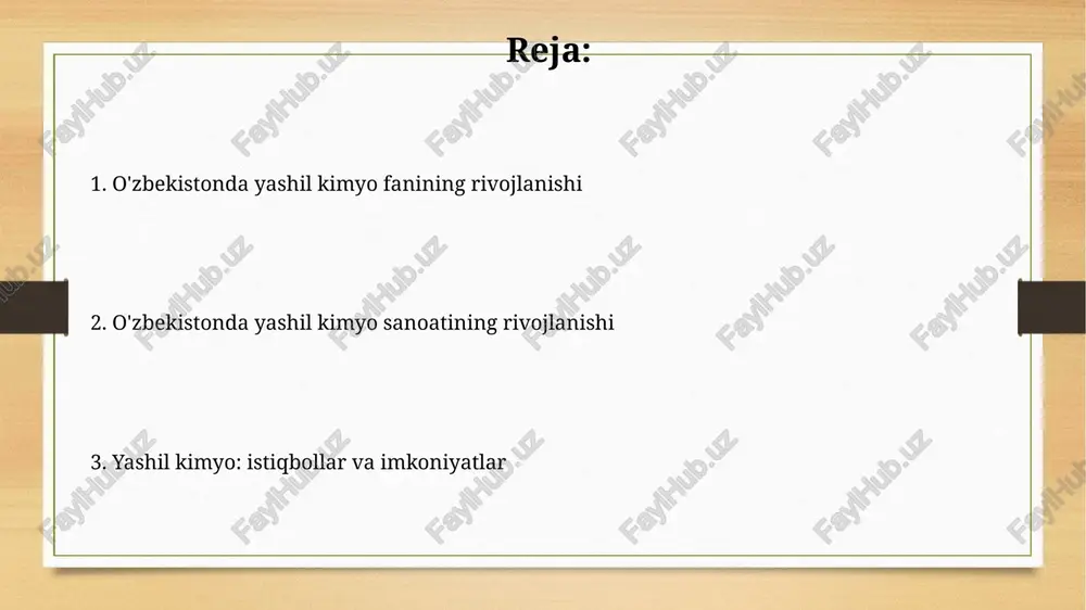 pf-5863) qabul qilingan bo'lib, unda yashil texnologiyalarni joriy etish ko'zda tutilgan. o'zbekiston respublikasi vazirlar mahkamasining "chiqindilarni boshqarish tizimini takomillashtirish chora-tadbirlari to'g'risida"gi 159-sonli qarori (2019) yashil kimyo prinsiplarini tatbiq etishga turtki beradi. o'zbekistonda yashil kimyo bo'yicha ilmiy tadqiqotlar o'zbekistonda paxta tolasi va boshqa biomassa resurslaridan yangi, ekologik toza materiallar yaratish bo'yicha tadqiqotlar olib borilmoqda, bu esa 2030 yilgacha barqaror rivojlanish maqsadlariga hissa qo'shadi. o'zbekiston fanlar akademiyasining polimerlar kimyosi va fizikasi instituti yashil kimyo tamoyillariga asoslangan bio-parchalanadigan polimerlar sintezini o'rganmoqda, 6 ta grant ajratilgan. o'zbekistonda yashil kimyo texnologiyalarini joriy etish tajribasi o'zbekistonda bioximiyaviy jarayonlarni optimallashtirish orqali qishloq xo'jaligida 20% gacha mineral o'g'itlardan foydalanishni kamaytirishga erishildi. yangi avlod katalizatorlarini ishlab chiqish va qo'llash orqali neftni qayta ishlash sanoatida chiqindilarni 15% ga kamaytirish bo'yicha loyihalar amalga oshirilmoqda. qishloq xo'jaligida yashil kimyo: imkoniyatlar va muammolar yashil kimyo usullari bilan pestitsidlar va o'g'itlardan foydalanishni kamaytirish orqali 30% hosildorlikni oshirish va tuproq sifatini yaxshilash imkoniyati mavjud. biologik …