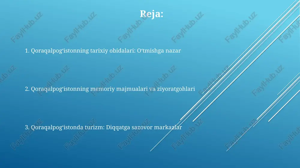 muasi - bu nafaqat qadimiy qabriston, balki turli davrlarga oid diniy inshootlarni oʻz ichiga olgan muhim markaz. u ix-xiv asrlarga oid obidalarni qamrab oladi. orol dengizi va ekoturizm salohiyati orol dengizining qurishi orolqum cho'lini yaratdi, bu yerda 300 ming gektardan ortiq maydonda noyob o'simlik va hayvonot dunyosini o'rganish imkoniyatini beruvchi ekoturizm yo'nalishlari mavjud. so'nggi yillarda orol dengizida 10 dan ortiq kemalar kemalar qabristonini tashkil etdi. bu hududda ekstremal turizm va tarixiy fotosafari tashkil etish uchun potentsial mavjud. orol dengizining sobiq tubi tuz konlariga boy bo'lib, bu yerda sog'lomlashtirish turizmi va geologik tadqiqotlar uchun imkoniyatlar mavjud. 2 million tonnaga yaqin tuz zaxiralari mavjud. zamonaviy turizm markazlari va infratuzilma mo‘ynoq shahrida sayyohlarni jalb qilish maqsadida “orol dengizi kemalar qabristoni” ochiq osmon ostidagi muzeyi yaratilgan bo‘lib, u yerda 10 dan ortiq eski kemalar namoyish etilgan va bu uning tarixiy ahamiyatini ko‘rsatadi. qoraqalpog‘iston turizm infratuzilmasi so‘nggi yillarda sezilarli darajada rivojlandi, jumladan, 20 dan ortiq …