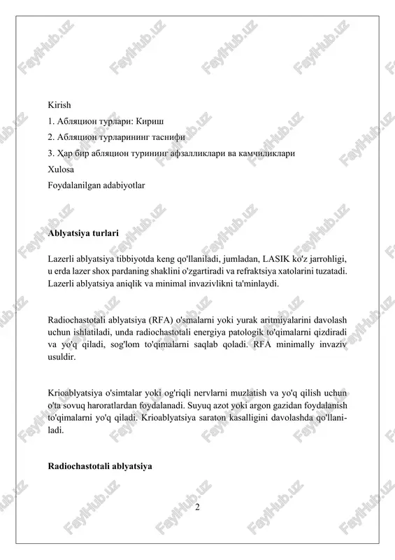 jarayonida muz kristallari hujayra ichida hosil bo'ladi, bu hujayralarning membranalarini buzadi va hujayralar o'limiga olib keladi, bu esa to'qimalarning nekroziga olib keladi. mikroto'lqinli ablyatsiya mikroto'lqinli ablatsiya 300 khz dan 300 ghz gacha bo'lgan elektromagnit to'lqinlardan foydalanib, to'qimalarni isitadi, bu esa hujayralar ichidagi suv molekulalarining tebranishi orqali issiqlik hosil qiladi. mikroto'lqinli ablatsiyada qo'llaniladigan antennalar turli xil shakllarda bo'lishi mumkin, masalan, slotli, koaksiyal yoki diffuzerli antennalar bo'lib, ular energiyani turli xil yo'nalishlarda tarqatishga imkon beradi. mikroto'lqinli ablatsiya o'smalarni davolashda keng qo'llaniladi, chunki u 60 °c dan yuqori haroratgacha tez va bir xilda isitish qobiliyatiga ega, bu esa hujayralar nekroziga olib keladi. lazerli ablyatsiya lazerli ablyatsiya - bu yuqori aniqlikdagi jarayon bo'lib, u 1064 nm to'lqin uzunligidagi lazer nurlanishidan foydalanadi va maqsadli to'qimalarni issiqlik ta'sirida yo'q qilishga qaratilgan. ko'z kasalliklarini davolashda lazerli ablasyon keng qo'llaniladi, ayniqsa, refraktsion xatoliklarni tuzatishda, masalan, miyopiya, gipermetropiya va astigmatizmni 1-3 dioptriya oralig'ida kamaytirish imkoniyati mavjud. lazerli ablasyonning bir …
