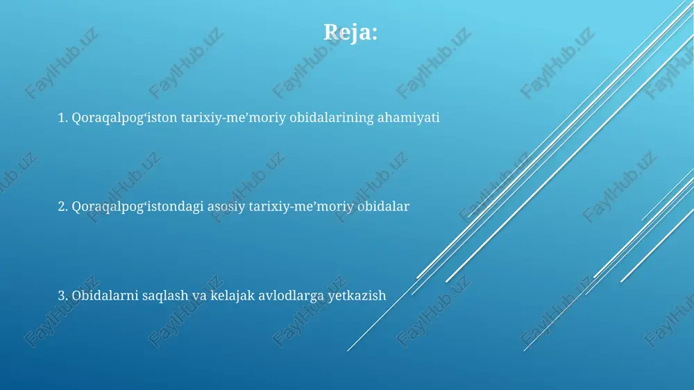 kanallari bo'ylab joylashgan strategik ahamiyatga ega. ayazqal'a: qadimiy xorazmning harbiy me'morchiligi ayazqal'a ikki qismdan iborat: birinchi qal'a eramizdan avvalgi 4-asrga oid bo'lib, o'ziga xos mudofaa inshooti hisoblanadi, balandligi 10 metrdan oshadi. ayazqal'a-2 eramizning 6-8 asrlariga tegishli bo'lib, unda hukmdor saroyi, ibodatxona va turar joy binolari bo'lgan. u 12 gektardan ortiq maydonni egallagan. qal'alar xorazmning shimoliy chegaralarini himoya qilish uchun qurilgan, ular qizilqum cho'li orqali o'tadigan karvon yo'llarini nazorat qilgan va bir nechta harbiy garnizonlarga ega bo'lgan. topiroqqal'a: xorazmshohlar davrining guvohi qal'aning arxeologik qazishmalarida, vii-viii asrlarga oid 100 dan ortiq sopol idishlar, shu jumladan, suv qovoqlari va boshqa uy-ro'zg'or buyumlari topilgan. topiroqqal'a eramizning i-iv asrlarida gullab-yashnagan, bu xorazmshohlar davrining nafaqat mudofaa istehkomi, balki muhim ma'muriy va madaniy markazi bo'lganligini ko'rsatadi. topiroqqal'a saroy majmuasida 11 xonali 'raqs zali' mavjud bo'lib, u xorazm vohasida o'ziga xos san'at uslubi va madaniy an'analari rivojlanganligini isbotlaydi. qo'yqirilganqal'a: qadimgi zardushtiylik markazi qo'yqirilganqal'aning o'ziga xosligi uning daxma bilan …