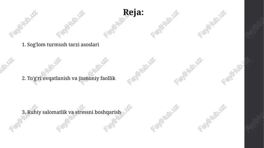 esa chuqur, tiklovchi uyquni rag'batlantiradi. har kuni bir vaqtda uxlashga yotish va uyg'onish ritmini yaratish muhim, hatto dam olish kunlarida ham, tana soatingizni tartibga solish uchun zarurdir. stressni boshqarish usullari muntazam ravishda 15-20 daqiqa davomida chuqur nafas olish mashqlarini bajaring, bu nerv sistemasini tinchlantiradi va stress gormonlari, masalan, kortizol darajasini pasaytiradi. kuniga kamida 7-8 soat uxlash, miyaning tiklanishiga yordam beradi va stressga chidamlilikni oshiradi, shuningdek, kognitiv funksiyalarni 25% ga yaxshilaydi. ruhiy salomatlikni saqlash ruhiy salomatlikni saqlash uchun kundalik hayotda mindfulness texnikalarini qo'llash, masalan, 5-10 daqiqalik meditatsiya yoki chuqur nafas olish mashqlari stressni kamaytirishga yordam beradi. ijtimoiy aloqalarni mustahkamlash ruhiy salomatlik uchun muhim. haftasiga kamida 2-3 marta do'stlar va oila a'zolari bilan uchrashish, hissiy qo'llab-quvvatlashni ta'minlaydi. zararli odatlardan voz kechish tamaki chekishni tashlash yurak-qon tomir kasalliklari xavfini 50% ga kamaytiradi, 1-yil ichida infarkt xavfi sezilarli darajada pasayadi. spirtli ichimliklarni me'yorida iste'mol qilish (ayollar uchun 1, erkaklar uchun 2 stakan) jigar sirrozi, …