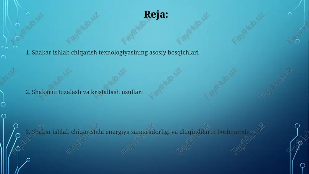 °z gacha o'lchanadi. shakar lavlagi xom ashyosini tayyorlash jarayonida tozalash bosqichi amalga oshiriladi, bunda tuproq, barglar va boshqa aralashmalar olib tashlanadi. bu tozalash darajasi 95% dan yuqori bo'lishi kerak. ekstraktsiya (diffuziya) diffuziya jarayoni 70-80°c haroratda olib boriladi, bu harorat pektin moddalarining eruvchanligini oshiradi va hujayra membranasini yumshatadi, 65-75% shakar olishni ta'minlaydi. diffuziya apparatlarida qarama-qarshi oqim printsipi qo'llaniladi, bunda yangi suv eng kam shakarli qipiq bilan uchrashadi va eng shakarli suv yangi qipiq bilan, bu 98% diffuziya samaradorligini ta'minlaydi. sharbatni tozalash sharbatni tozalashda defekatsiya usuli qo'llaniladi, bunda 2-3% ohak sutidan foydalanib, ph 11.0-11.5 gacha ko'tariladi. bu jarayon noorganik va organik aralashmalarni cho'ktirish orqali tozalashga yordam beradi. saturatsiya jarayoni ohak bilan ishlangan sharbatga karbonat angidrid (co2) gazini yuborish orqali amalga oshiriladi. birinchi saturatsiya ph ni 8.2-8.5 gacha tushiradi, ikkinchisi esa ph ni 7.0-7.2 gacha pasaytiradi. bug'latish va kristallanish bug'latish jarayonida, qand eritmasining quruq moddalari miqdori 65% dan 70% gacha yetkaziladi, bu kristallanish …