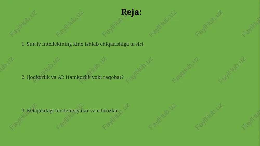 a yaratishga ta'siri ai ssenariy yozishda 20% gacha vaqtni tejashga yordam beradi, g'oyalarni tezkor yaratib, muallifning ijodiy jarayonini optimallashtiradi hamda rivojlantirishni tezlashtiradi. sun'iy intellekt personajlar xususiyatlarini tahlil qilib, 85% gacha aniqlikda ularning harakatlarini bashorat qilishi mumkin, bu hikoyaning mantiqiyligini oshiradi. ai yordamida yaratilgan hikoyalar test auditoriyalarida 30% gacha yuqori reytinglarga erishmoqda, bu esa algoritmlar tomoshabin ehtiyojlarini yaxshiroq qondirishini ko'rsatadi. sun'iy intellekt kinofilmlarni tahrirlash va vizual effektlar sohasida ai vizual effektlar uchun realistik modellar yaratishda yordam beradi, misol uchun, 3d modellarni yaratish va teksturalash, bu esa ishlab chiqarish xarajatlarini 15 foizga qisqartirishi mumkin. sun'iy intellekt tahrirlash jarayonlarini avtomatlashtiradi, masalan, sahnalarni avtomatik ravishda kesish, vaqtni qisqartirish, bu esa tahrirchilarning ish yukini 20-30 foizga kamaytiradi. ai yordamida eski filmlarni restavratsiya qilish mumkin, bu jarayon original ranglarni tiklash va 4k formatida aniqlikni oshirish imkonini beradi, sifati 70%ga ko'tariladi. sun'iy intellektning film marketingi va tarqatishga ta'siri ai algoritmlari filmning muvaffaqiyatini bashorat qila oladi, bu esa …