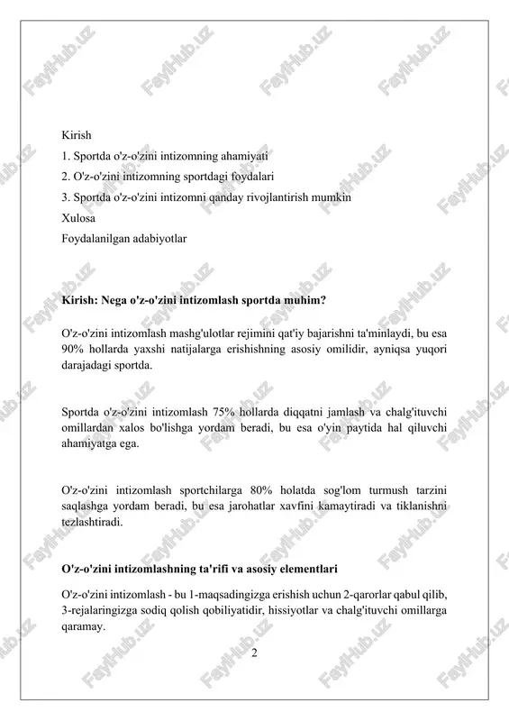 ni rivojlantiradi va kelajakda 80% dan ortiq muvaffaqiyatga erishish imkoniyatini oshiradi. maqsadga erishishda o'z-o'zini intizomlashning roli o'z-o'zini intizomlash sportda 70% muvaffaqiyatga olib keladi, muntazam mashq, to'g'ri ovqatlanish va dam olishni ta'minlab, maqsad sari aniq reja asosida harakatlanish imkonini beradi. sportda o'z-o'zini intizomlash orqali 100% diqqatni jamlash va stressni 50% kamaytirish mumkin, bu esa jarohatlar xavfini kamaytiradi va yuqori natijalarga erishishni osonlashtiradi. o'z-o'zini intizomlash sportchiga 95% sabr-toqat va matonatni oshiradi, qiyinchiliklarga duch kelganda ham maqsadga erishish uchun 100% harakat qilishga undaydi. muntazam mashg'ulotlar: o'z-o'zini intizomlashning asosi muntazam mashg'ulotlar tanaga 70% suv ekanligini hisobga olib, suv balansini saqlash orqali mushak funktsiyasini yaxshilaydi va chidamlilikni oshiradi. o'z-o'zini intizom mashg'ulotlarda 12 haftalik dasturga rioya qilishni anglatadi, bu esa sportchining maqsadlariga erishish uchun muhim ahamiyatga ega. doimiy mashg'ulotlar jarohat olish xavfini 50% ga kamaytiradi, chunki bu tanani asta-sekin zo'riqishga moslashtiradi va optimal natijaga erishishga yordam beradi. to'g'ri ovqatlanish va dam olishda o'z-o'zini intizomlash sportchilar ratsionida …
