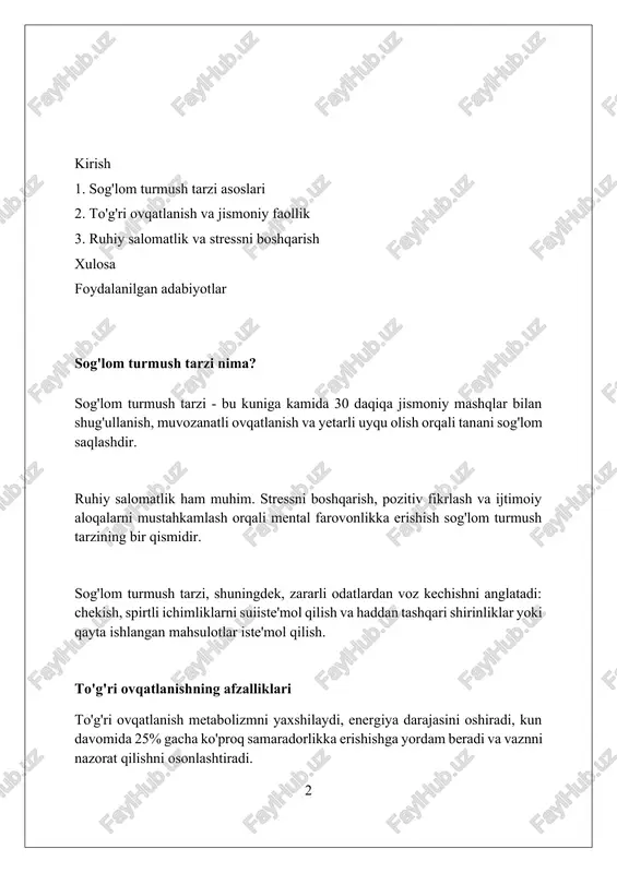 i xil fitokimyoviy moddalarni o'z ichiga oladi va organizm uchun har tomonlama foyda keltiradi. gidratatsiya: nima uchun suv muhim? tana haroratini 37 daraja selsiyda ushlab turish uchun suv muhim, chunki terlash orqali haddan tashqari issiqlikni chiqarib yuboradi va termoregulyatsiyani ta’minlaydi. suv hazm qilish tizimi uchun zarur, chunki u oziq moddalarni so'rilishini osonlashtiradi va ich qotishining oldini oladi, kuniga kamida 8 stakan suv ichish kerak. organizmning 60-70% suvdan iborat ekanligini hisobga olsak, suv hujayralarning tuzilishini saqlash va hayotiy funktsiyalarni bajarish uchun juda muhim. muntazam jismoniy faollikning foydalari muntazam jismoniy faollik, masalan, haftada 150 daqiqa o'rtacha intensivlikdagi mashqlar yurak-qon tomir kasalliklari xavfini 30% ga kamaytiradi. og'irlikni boshqarishda faollik muhim: 300 daqiqadan ortiq mashqlar ortiqcha vaznni yo'qotish va saqlab qolishga yordam beradi. mushaklarning kuchini oshirish va suyak zichligini yaxshilash uchun haftada kamida ikki marta kuch mashqlarini bajaring, bu esa 40 yoshdan keyin muhimdir. mashqlar turlari: sizga mosini toping kardio mashqlari, masalan yugurish, suzish, …
