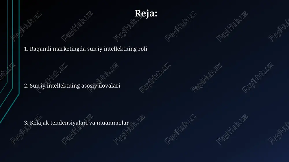 trategiyasi orqali konversiya darajasini 30 foizga oshirish mumkin, bu esa mijozning xarid qilish tarixiga asoslangan individual narxlarni taklif etadi. sun'iy intellekt yordamida kontentni optimallashtirish sun'iy intellekt 2.0 kalit so'zlarni tahlil qiladi va seo uchun 85% samaraliroq sarlavhalar, meta tavsiflar va teglar yaratishga yordam beradi, reytingni oshiradi. ai 70% gacha samaradorlik bilan kontentning o'qish darajasini (masalan, flesch-kincaid) tahlil qilib, 10 soniyada maqsadli auditoriyaga moslashtiradi. sun'iy intellekt algoritmlari 92% aniqlik bilan foydalanuvchi xatti-harakatlarini tahlil qilib, kontent formati (video, blog) va mavzusini shaxsiylashtirishga yordam beradi. sun'iy intellekt orqali reklamani avtomatlashtirish ai platformalari a/b sinovlarini avtomatlashtiradi, natijada konversiya darajasi 15% ga ko'tariladi va reklama byudjeti tejaladi. sun'iy intellekt reklamani avtomatlashtirishda 30% gacha samaradorlikni oshirishi mumkin, bu esa maqsadli auditoriyaga aniq yetib borish imkonini beradi. sun'iy intellekt real vaqtda ma'lumotlarni tahlil qiladi, shuning uchun narx takliflarini moslashtiradi, bu esa roi ni 25% ga optimallashtirishga yordam beradi. sun'iy intellekt yordamida ma'lumotlarni tahlil qilish va prognozlash ai …