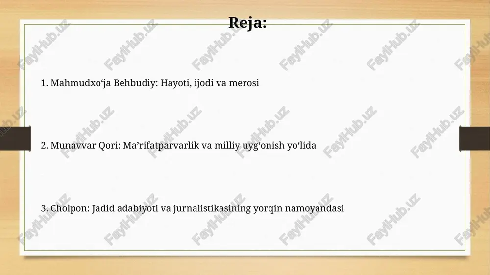 ilobidan keyin milliy maktablar tashkil etish va ta'lim sifatini oshirishni maqsad qilgan edi. jadid jurnalistlarining merosxo'rlari va hozirgi kundagi ta'siri jadid jurnalistikasi 20-asr boshida milliy uyg'onishga turtki bo'ldi, ularning g'oyalari bugungi jurnalistlarga ilhom berib, taraqqiyotga chorlaydi. mahmudxo'ja behbudiyning "oyina" jurnali kabi nashrlar bugungi mediaga ta'sir ko'rsatib, 100 yildan keyin ham dolzarbligini saqlab qolmoqda. e'tiboringiz uchun rahmat image8.jpg image9.jpg image10.jpg image11.jpg image12.jpg image13.jpg image3.png image4.png