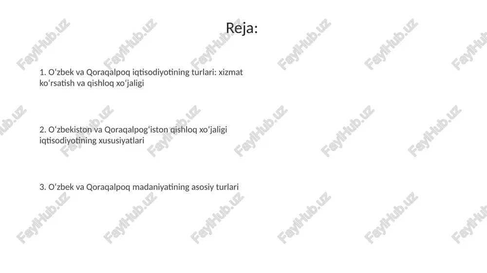 ika xizmatlari sifatini oshirish maqsadida. o'zbekiston qishloq xo'jaligi iqtisodiyoti o'zbekiston qishloq xo'jaligi iqtisodiyotida paxtachilik muhim o'rin tutadi, 2023-yilda yalpi ichki mahsulotning taxminan 7 foizini tashkil etadi va asosiy eksport mahsuloti hisoblanadi. dehqonchilikda g'allachilik, xususan, bug'doy yetishtirish ham katta ahamiyatga ega, mamlakatning oziq-ovqat xavfsizligini ta'minlashda muhim rol o'ynaydi va hosildorlikni oshirishga qaratilgan. qoraqalpog'iston qishloq xo'jaligi iqtisodiyoti qoraqalpog‘iston qishloq xo‘jaligi iqtisodiyotining asosiy tarmog‘i paxtachilik bo‘lib, umumiy ekin maydonlarining 50% dan ortig‘ini tashkil etadi va respublika eksportining muhim qismini ta’minlaydi. chorvachilik qoraqalpog‘iston qishloq xo‘jaligida muhim rol o‘ynaydi, ayniqsa qorako‘l qo‘ychiligi rivojlangan. qoramol va tuyalar soni ham sezilarli bo‘lib, mahalliy aholining oziq-ovqat ta’minotiga hissa qo‘shadi. o'zbekiston qishloq xo'jaligi turlari g'allachilik, ayniqsa bug'doy yetishtirish, o'zbekiston qishloq xo'jaligining muhim qismi bo'lib, aholini asosiy oziq-ovqat bilan ta'minlaydi va 25% daromad keltiradi. o'zbekistonda paxtachilik asosiy qishloq xo'jaligi tarmog'i bo'lib, yalpi hosilning 40% dan ortig'ini tashkil etadi va ko'plab ish o'rinlarini yaratadi. qoraqalpog'iston qishloq xo'jaligi turlari qoraqalpog‘iston qishloq xo‘jaligining …