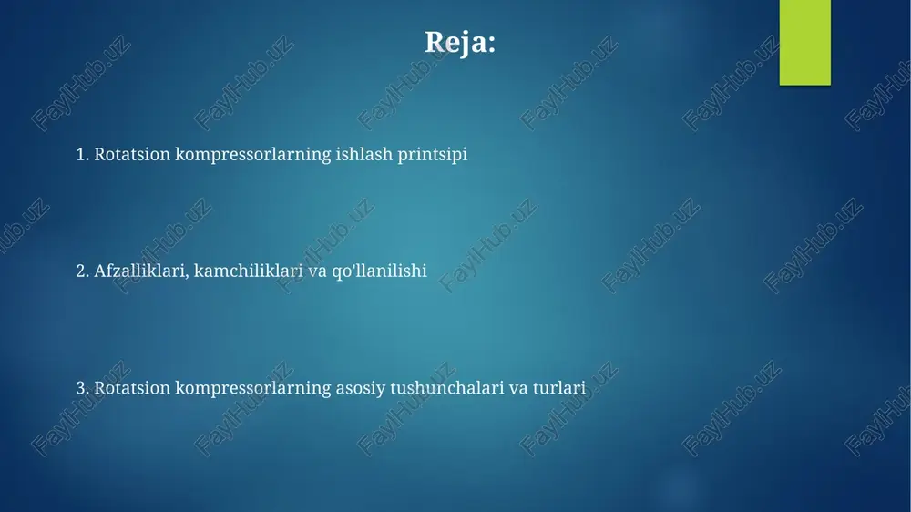 arga ega bo'lib, bu qanotlar havo kameralarini yaratadi va havo hajmini pasaytirib, uni siqadi; bosim nisbati 10:1 atrofida. vintli kompressorlar ikki rotordan foydalanadi, odatda erkak va ayol, ular teskari yo'nalishda aylanadi va havo hajmini kamaytirish orqali uni siqadi; ishlash unumdorligi 70% dan 85% gacha yetishi mumkin. ishlash printsipi: batafsil ko'rib chiqish kompressorning ishlash printsipi - rolik yoki pichoq aylanganda, u silindr devori va rotor o'rtasida o'zgaruvchan hajmli kameralarni yaratadi, shu bilan gazning hajmini kamaytirib bosimni oshiradi. rotatsion kompressorlar yuqori samaradorlik va ixcham dizaynga ega, lekin pistonli kompressorlarga qaraganda kamroq hajmli havo oqimini ta'minlaydi, bu esa ularni maishiy texnika uchun ideal qiladi. rotatsion kompressorlarni qo'llash sohalari neft-gaz sanoatida gazni siqish stansiyalarida spiral rotatsion kompressorlar 100 dan 5000 kub metr/soat gacha bo'lgan hajmda gazni transport uchun tayyorlashda muhim rol o'ynaydi. avtomobil sanoatida rotatsion kompressorlar, odatda, markazdan qochma superchargerlar 0.5 dan 3 bar bosimni ta'minlab, dvigatel quvvatini oshirish uchun ishlatiladi. e'tiboringiz uchun rahmat …
