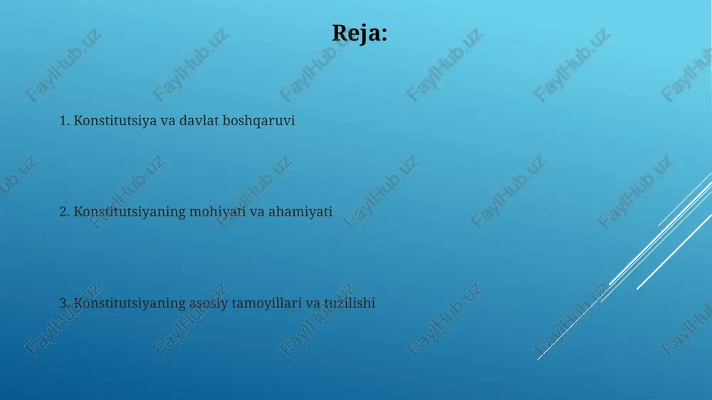 kafolati bo’lib, fuqarolarning 40 dan ortiq asosiy huquqlarini, jumladan, so’z erkinligi va vijdon erkinligini himoya qiladi. konstitutsiyaga o'zgartirishlar kiritish tartibi konstitutsiyaning i-ix boblariga o'zgartirishlar kiritish uchun oliy majlis qonunchilik palatasi va senatining kamida 2/3 qismi ovoz berishi shart. konstitutsiyaga o'zgartirishlar kiritish to'g'risidagi taklif, oliy majlis deputatlari umumiy sonining kamida 1/3 qismi tomonidan kiritilishi mumkin. davlat hokimiyatining tashkil etilishi oliy majlis (parlament) qonun chiqaruvchi hokimiyat sifatida qonunlarni qabul qiladi, vazirlar mahkamasi esa qonunlar ijrosini ta'minlaydi va sud hokimiyati qonun ustuvorligini ta'minlash uchun ishlaydi. davlat hokimiyati o'zbekiston respublikasida hokimiyatlar bo'linishi prinsipiga asoslanadi, bu qonun chiqaruvchi (oliy majlis), ijro etuvchi (vazirlar mahkamasi) va sud hokimiyatlarining mustaqilligini kafolatlaydi. e'tiboringiz uchun rahmat @taqdimot_robot image2.jpg image3.jpg image4.jpg image5.jpg image6.jpg image7.jpg image8.jpg