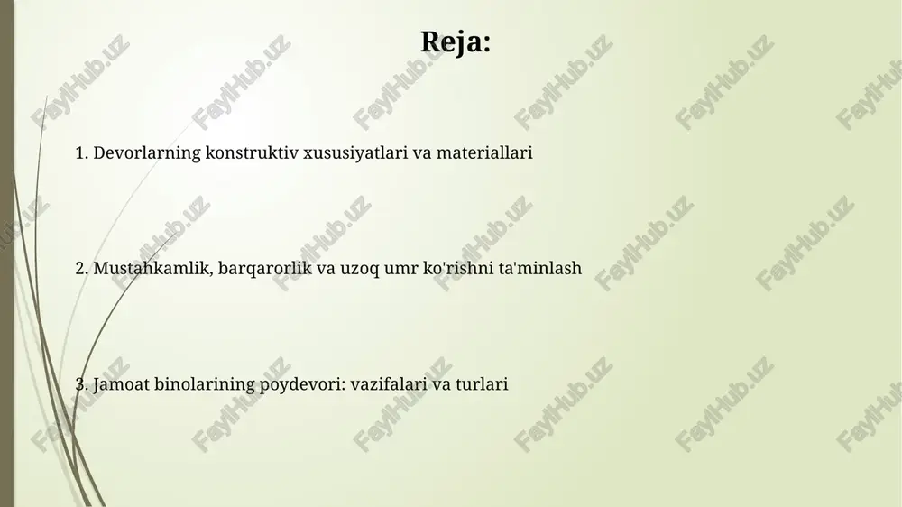 ifatiga e'tibor kerak. g'ishtli poydevorlar nisbatan arzon va oson quriladi, ammo ular beton poydevorlar kabi mustahkam emas va ko'p qavatli binolar uchun tavsiya etilmaydi, asosan ikki qavatgacha bo'lgan imoratlar uchun mos keladi. ta'mirlash va tiklash obidalar ta'mirlashida zaruriy chora sifatida, har bir buzilgan g'isht yoki toshning 80% dan ortig'i, o'xshash materiallar bilan almashtiriladi. ta'mirlash va tiklash loyihalari ko'pincha 25% dan 75% gacha original materiallarni saqlab qolishga harakat qiladi, bu esa binoning tarixiy qiymatini oshiradi. devorlarning vazifalari va turlari devorlarning turlari: g'isht, beton, yog'och, tosh va panel devorlar. materiallar tanlovi binoning balandligi, iqlimi va estetik talablariga bog'liq, masalan, g'isht devorlar 250 yillik xizmat muddatiga ega. devorlar bino barqarorligini ta'minlaydi, vertikal va gorizontal yuklarni (shamol, zilzila) ko'taradi, issiqlik o'tkazuvchanligini kamaytiradi, odatda 0,5 dan 1,5 metrgacha qalinlikda bo'ladi. materiallar: g'isht, beton, tosh va boshqalar tosh, granit kabi, juda yuqori chidamlilikka ega (100 mpa dan ortiq), lekin uni kesish va o'rnatish qimmatga tushadi, bu …