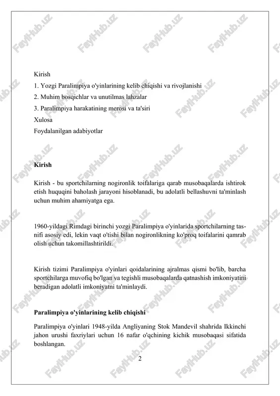 alar qo'shildi. bu integratsiya 1976-yilgi o'yinlarda ro'y berdi. paralimpiya o'yinlari olimpiya o'yinlari bilan bir shaharda o'tkazilishi 1988-yil seul o'yinlaridan boshlab odatiy holga aylandi. bu nogiron sportchilarning maqomini oshirishga va o'yinlarni ommalashtirishga yordam berdi. birinchi yozgi paralimpiya o'yinlari: rim 1960 rimdagi 1960-yilgi o'yinlar 23 mamlakatdan kelgan 400 nafar sportchini birlashtirdi va ikkinchi jahon urushi faxriylari uchun o'yinlar sifatida boshlangan edi. dasturda o'q otish, dartch, stol tennisi va suzish kabi 8 ta sport turi namoyish etildi, bu musobaqaning ilk bosqichlarida turli xil sportlar qamrab olinganligini ko'rsatadi. bu o'yinlar keyingi paralimpiya o'yinlari uchun asos bo'lib xizmat qildi va nogiron sportchilar uchun xalqaro miqyosda sport musobaqalarini o'tkazish imkoniyatini yaratdi. muhim voqealar va yutuqlar 1960-yilda rimda bo'lib o'tgan ilk yozgi paralimpiya o'yinlarida 23 mamlakatdan 400 nafar nogiron sportchi ishtirok etib, o'q otish, suzish kabi sakkiz sport turida bellashgan. 1976-yilda yozgi paralimpiya o'yinlarida ilk bor nogironligi bo'lgan sportchilar uchun mo'ljallangan sport turlari, masalan, basketbol va voleybol …