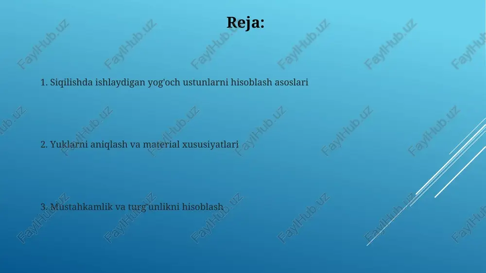 i hisobga oladi. empirik formulalar, masalan, milliy yog'och qurilish dizayni qo'llanmasi (nds) formulasi, ustun uzunligi va kesim o'lchamlarini hisobga oladi, ayniqsa o'rta uzunlikdagi ustunlar uchun. kirish "kirish" qismi ustun hisobiga oid taqdimotning boshlang'ich qismi bo'lib, mavzuning ahamiyatini ochib beradi hamda auditoriyani 2-3 daqiqa ichida asosiy tushunchalar bilan tanishtiradi. "kirish" qismida yog'och ustunlar qurilishdagi 5 ta asosiy vazifasi, ularning afzalliklari (masalan, qayta tiklanuvchanligi) va cheklovlari (masalan, namlik ta'siri) haqida qisqacha ma'lumot berilishi kerak. xulosa tajribalar va nazariy hisoblar natijasida, yog'och ustunlar uchun ruxsat etilgan zo'riqish qiymati (σ_adm) xavfsizlik omilini (sf) hisobga olgan holda belgilanadi va bu 1.5 dan 3.0 gacha bo'lishi mumkin. xulosa shuni ko'rsatadiki, yog'och ustunlarning mustahkamligi, asosan, materialning elastiklik moduli (e) va ustunning ingichkalik darajasiga (λ) bog'liq. bu ko'rsatkichlar hisoblashda muhim. e'tiboringiz uchun rahmat @taqdimot_robot image2.jpg image3.jpg image4.jpg image5.jpg image6.jpg image7.jpg image8.jpg