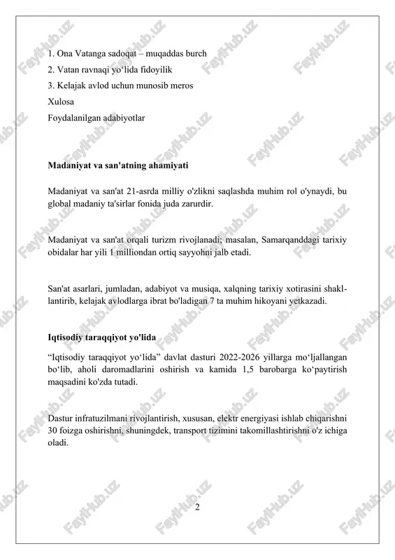 tarixi, madaniyati va an'analarini hurmat qilish, 101% vatanparvarlik tuyg'usidir. vatanga muhabbat mohiyati 1991-yilda o'zbekiston mustaqillikka erishganidan keyin yanada kuchaydi, milliy o'zlikni anglash, 25-asr davomida rivojlanish demakdir. bu tushuncha davlat ramzlari, masalan, bayroq, gerb va madhiyani qadrlashni, ularni himoya qilishni, har bir fuqaro uchun 99.9% muhim ekanligini anglatadi. vatan himoyasi – muqaddas vazifa o'zbekiston qurolli kuchlari 1992-yilda tashkil etilgan bo'lib, mustaqillikni himoya qilish va milliy xavfsizlikni ta'minlash kabi muhim vazifalarni bajaradi. konstitutsiyaning 52-moddasiga binoan, o'zbekiston respublikasini himoya qilish – har bir fuqaroning muqaddas burchidir, bu qonuniy va axloqiy majburiyatni aks ettiradi. “vatan himoyasi” tushunchasi nafaqat harbiy xizmatni, balki milliy qadriyatlarni saqlash, madaniy merosni targ'ib qilish va davlat manfaatlarini himoya qilishni ham o'z ichiga oladi. yoshlar – vatan kelajagi “yoshlar – vatan kelajagi” doirasida, 100 dan ortiq loyihalar amalga oshiriladi, ularning asosiy maqsadi yoshlarning bilim olishi, kasbiy ko‘nikmalarini rivojlantirish va tadbirkorlik faoliyatini qo‘llab-quvvatlashdir. bu harakat, 2024-yilda o‘zbek yoshlarining faolligini oshirish, ularni jamiyat …