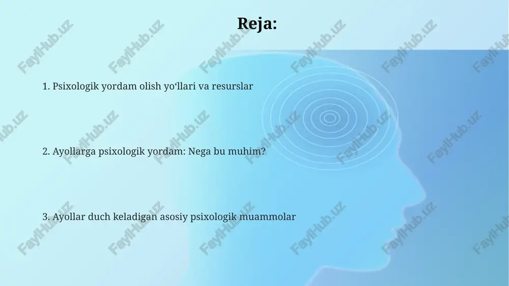 ashirishga va yechim izlamaslikka undaydi. ushbu to'siqni yengish uchun anonim maslahat imkoniyatlari taqdim etish lozim. ayollar duch keladigan asosiy psixologik muammolar ko'pgina ayollar reproduktiv sog'liq bilan bog'liq muammolarga duch kelishadi, masalan, tug'ruqdan keyingi depressiya, 10-15% ayollarga ta'sir qiladi, bu esa hissiy holatni buzadi. ijtimoiy stereotiplar va rollar yuklanishi, xususan ishdagi tengsizlik, ayollarda stressni oshiradi, o'ziga past baho berishga va 25-40 yoshlarda tushkunlikka olib kelishi mumkin. genderga asoslangan zo'ravonlik, jumladan oilaviy zo'ravonlik, ayollarning psixologik salomatligiga jiddiy ta'sir qiladi va ptsb, depressiya va xavotir rivojlanishiga olib kelishi mumkin. ayollarga psixologik yordam: kirish 2023-yilgi tadqiqotlar shuni ko'rsatadiki, ayollarning 35% ga yaqini hayoti davomida ruhiy salomatlik muammosiga duch kelishadi, bu esa o'z vaqtida psixologik yordam olish muhimligini ko'rsatadi. ayollarning ruhiy salomatligi, genderga asoslangan zo'ravonlik, iqtisodiy qiyinchiliklar va ijtimoiy izolyatsiya kabi turli omillar tufayli erkaklarnikidan farq qiladi. psixologik yordam ayollarga shularni yengishda ko'maklashadi. ayollarga psixologik yordam ko'rsatishda, madaniy omillarni hisobga olish juda muhim. masalan, o'zbekistonda …
