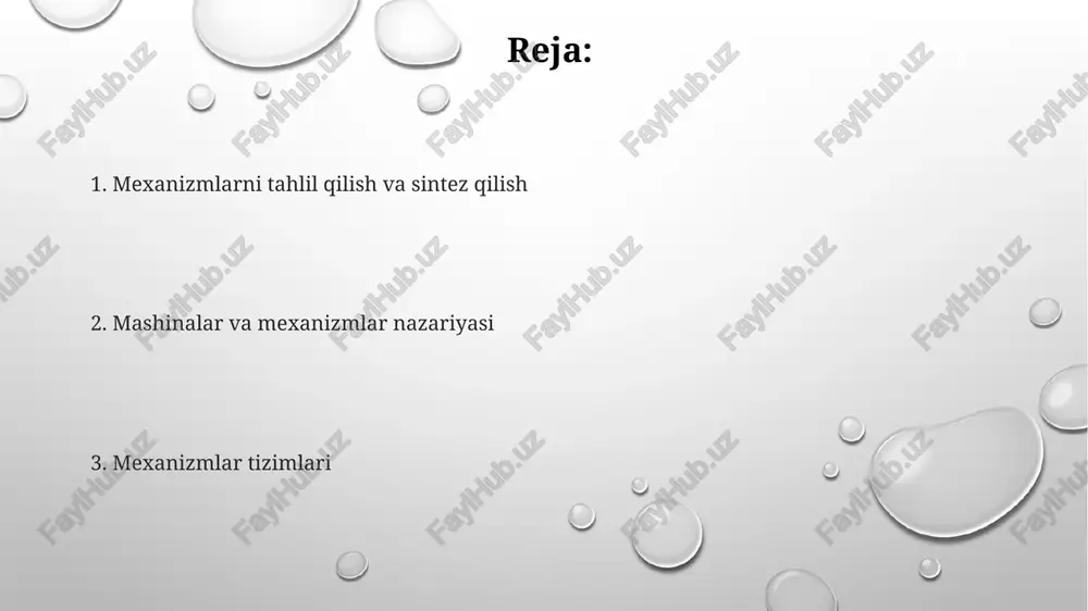 nizmlar vazifasiga ko'ra, harakatni uzatuvchi, o'zgartiruvchi yoki boshqaruvchi bo'lishi mumkin; masalan, 4 zvenoli mexanizm harakatni aylantiruvchi yoki ilgarilanma harakatga aylantirishi mumkin. klassifikatsiya zvenolarning harakat xarakteriga bog'liq: aylanma, ilgarilanma yoki aralash. masalan, krank-shatun mexanizmi aylanma va ilgarilanma harakatlarni uyg'unlashtiruvchi 3 zvenoli tizimdir. mexanizmlar tizimlari kirish zvenolari soniga ko'ra 1, 2, yoki undan ortiq bo'lishi mumkin, bu esa ularning kinematik murakkabligini belgilaydi va harakatni boshqarish imkoniyatlarini oshiradi. mexanizmlarni loyihalash va qo'llash mexanizmlarni loyihalashda material tanlash muhim; po'lat 45 yuqori mustahkamlikni ta'minlaydi, bu esa og'ir yuk ostida 5000 soatgacha uzluksiz ishlashga imkon beradi. mexanizmlarni loyihalashda kinematik tahlil 4 bosqichda amalga oshiriladi: tuzilish tahlili, pozitsiya tahlili, tezlik tahlili va tezlanish tahlili, bu esa optimal harakatni taʼminlaydi. mexanizmlarning qo'llanilishi sanoatda keng tarqalgan; masalan, 4 barmoqli mexanizmlar konveyerlarda yuklarni tashish uchun ishlatiladi, unumdorlikni 30% oshiradi. e'tiboringiz uchun rahmat @taqdimot_robot image1.png image2.png